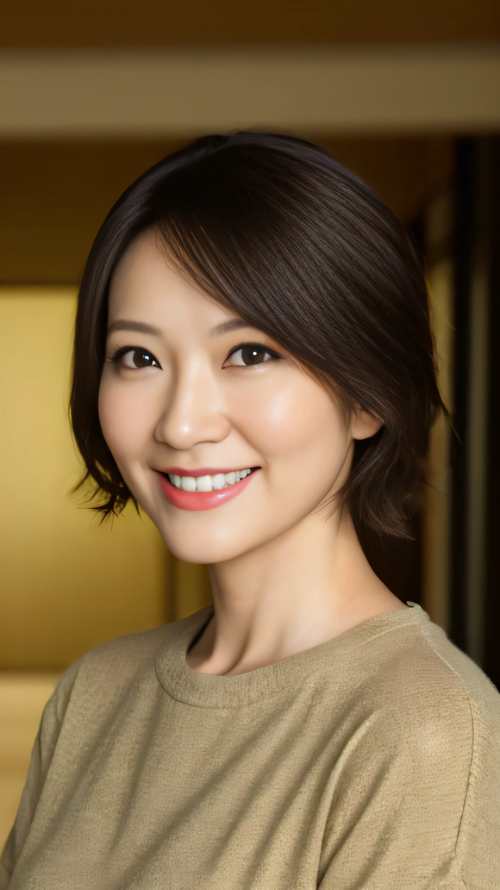 portrait, 8K, high quality, realistic photo images, 39 years old, japanese woman, proper wife, small, housewife, Reproduces natural and realistic eyes, japanese stand, small, beautiful black hair, short hair, light makeup, octane rendering, beautiful lighting, golden ratio composition, smile, Casual clothes, casual clothes, natural background, blurred background, 4K, high quality, realistic photo images, japanese woman, 37 years old, Pure Japan face, Beautiful wife, Upper body, small breasts, light makeup, no makeup, Neat beauty, mature woman, sober clothes, gray, beige, green, sober, casual clothes, smile, black hair, small black eyes, background blur