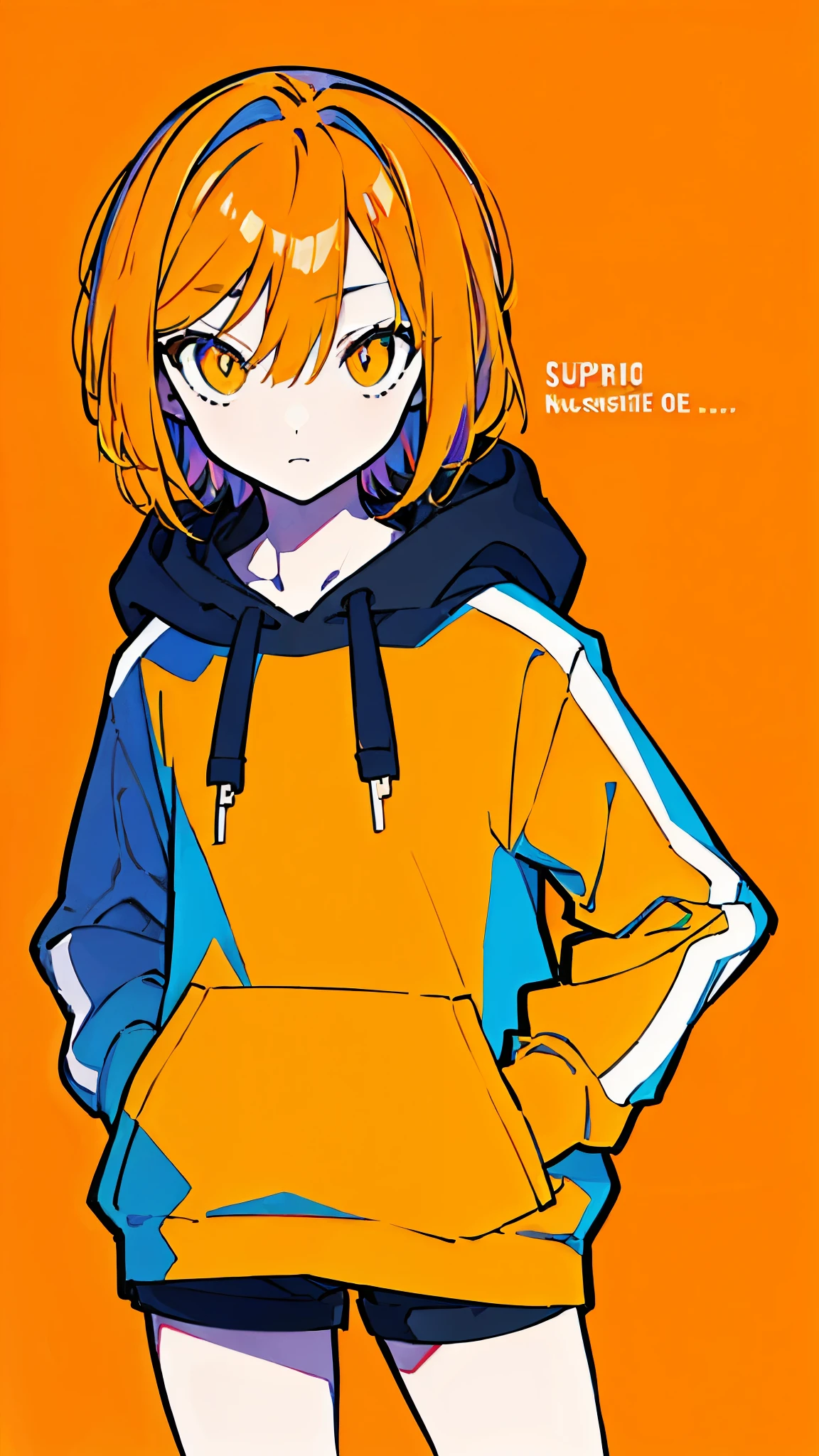 (masterpiece, highest quality:1.6), alone, thick outline, (simple background, light orange background, monochrome, light orange theme:1.2), official art, Key Visual, 8K, disorganized, whole body, (unique hair, Oversized Hoodies, hot pants, arch back, short torso:1.2), belly button, thighs, cowboy shot, HDR, sharp focus, High resolution, most detailed, very detailed, Super detailed, finely, detailed eyes and face, sharp pupils, realistic student, solo, orange and white contrast, solo, hands in pockets