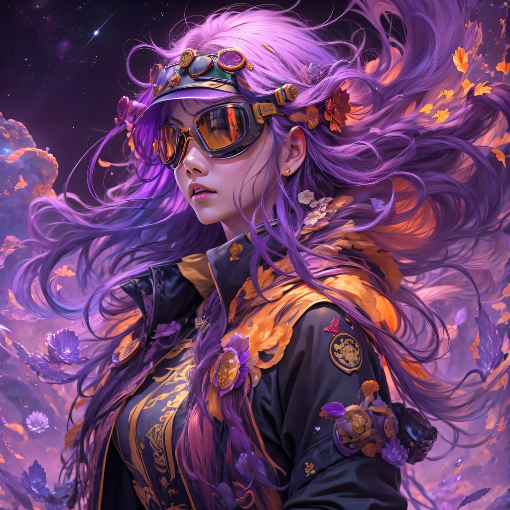 Chapter 3679 The Year of Cyberpunk（masterpiece，HD，超HD，32k lotus root starch）Bright purple flowing hair，autumn pond， lotus root starch color， Asian （Michiko）， （silk scarf）， fighting stance， looking at the colorful balloons， Orange gradient long hair， ((Thick frame reflective jade windproof goggles))Floating bright purple， Fire cloud gold headdress， Chinese long-sleeved gold silk garment， （Abstract ink splash：1.2），mars background，lotus（realistically：1.4），bright purple hair，Smoke on the road，The background is very ivory、pure， high resolution， Detailed wind protection goggles， RAW photos lotus root starch， Sharp Re， Nikon D850 film photo by Jefferies Lee 4 Kodak Portra 400 camera F1.6 guns, rich and colorful, Super real、Vivid texture, dramatic lighting, Unreal Engine Art Station Trend, Silicon Nest 800