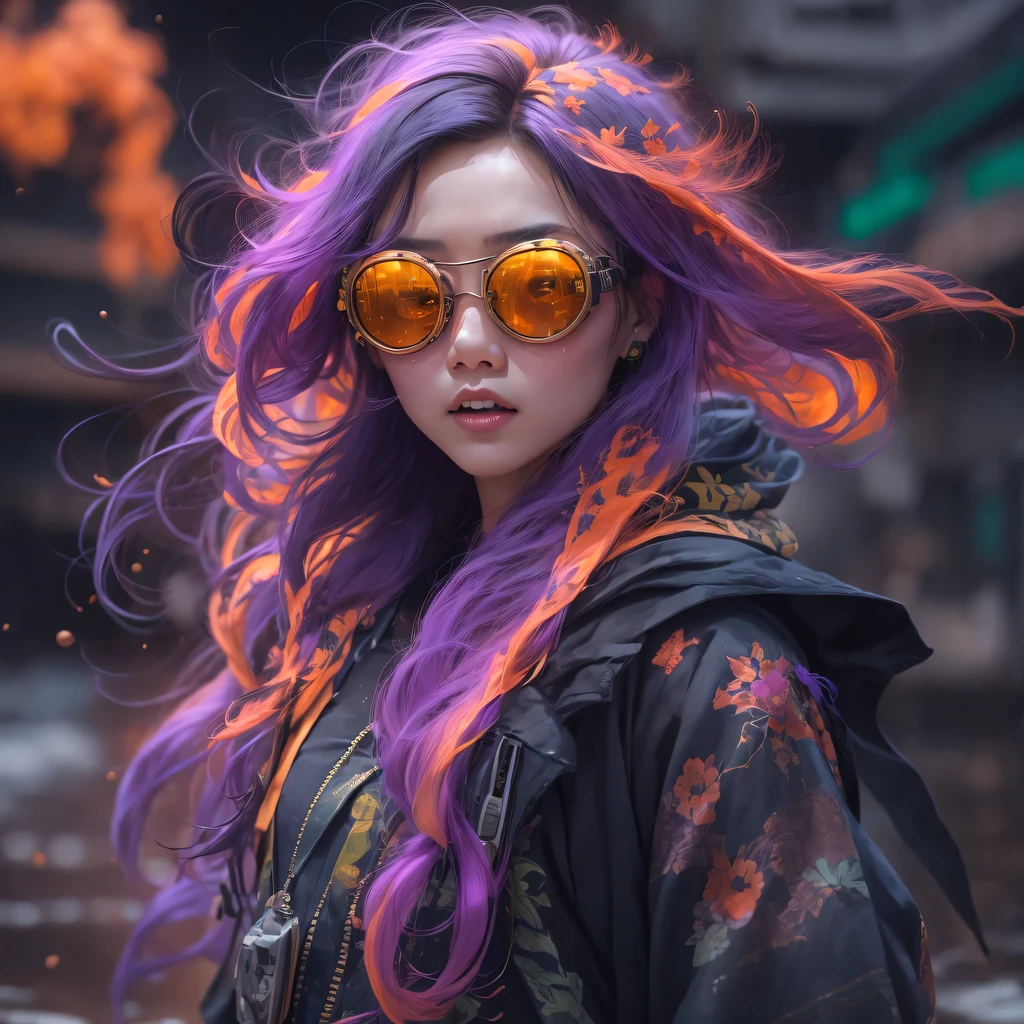 Chapter 3679 The Year of Cyberpunk（masterpiece，HD，超HD，32k lotus root starch）Bright purple flowing hair，autumn pond， lotus root starch color， Asian （Michiko）， （silk scarf）， fighting stance， looking at the colorful balloons， Orange gradient long hair， ((Thick frame reflective jade windproof goggles))Floating bright purple， Fire cloud gold headdress， Chinese long-sleeved gold silk garment， （Abstract ink splash：1.2），mars background，lotus（realistically：1.4），bright purple hair，Smoke on the road，The background is very ivory、pure， high resolution， Detailed wind protection goggles， RAW photos lotus root starch， Sharp Re， Nikon D850 film photo by Jefferies Lee 4 Kodak Portra 400 camera F1.6 guns, rich and colorful, Super real、Vivid texture, dramatic lighting, Unreal Engine Art Station Trend, Silicon Nest 800