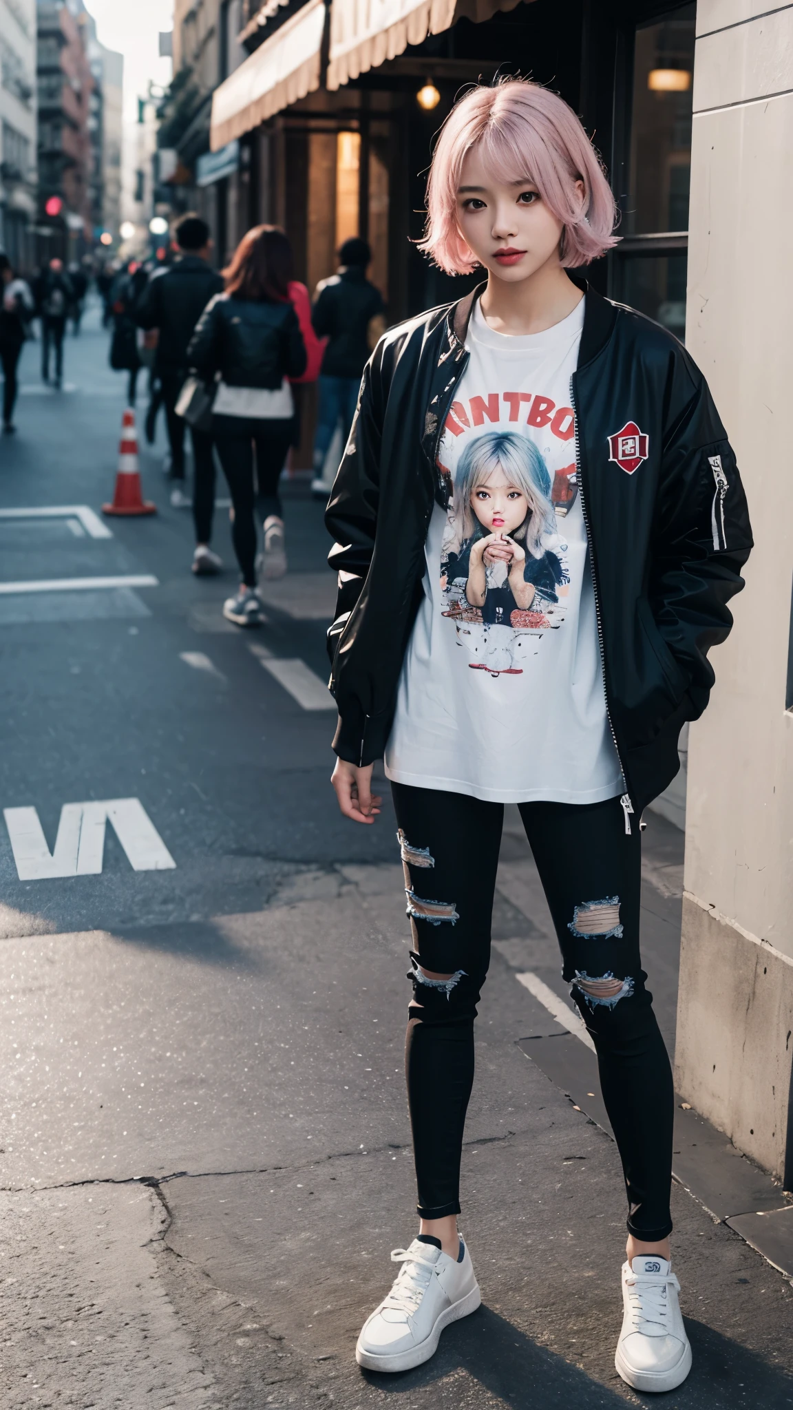 (highest quality、8k、16k、masterpiece、Realistic、Super detailed、Beautiful in every detail、ray tracing)、photograph、
BREAK beautiful asian girl、Face like a Korean idol、25 year old female model、silver hair、pink mesh hair color、
BREAK
((urban chic relaxed) theme:1.4), (black skinny jeans, graphic tee, bomber jacket:1.3), (sneakers, casual watch:1.3), full body,
BREAK at a stylish bar、