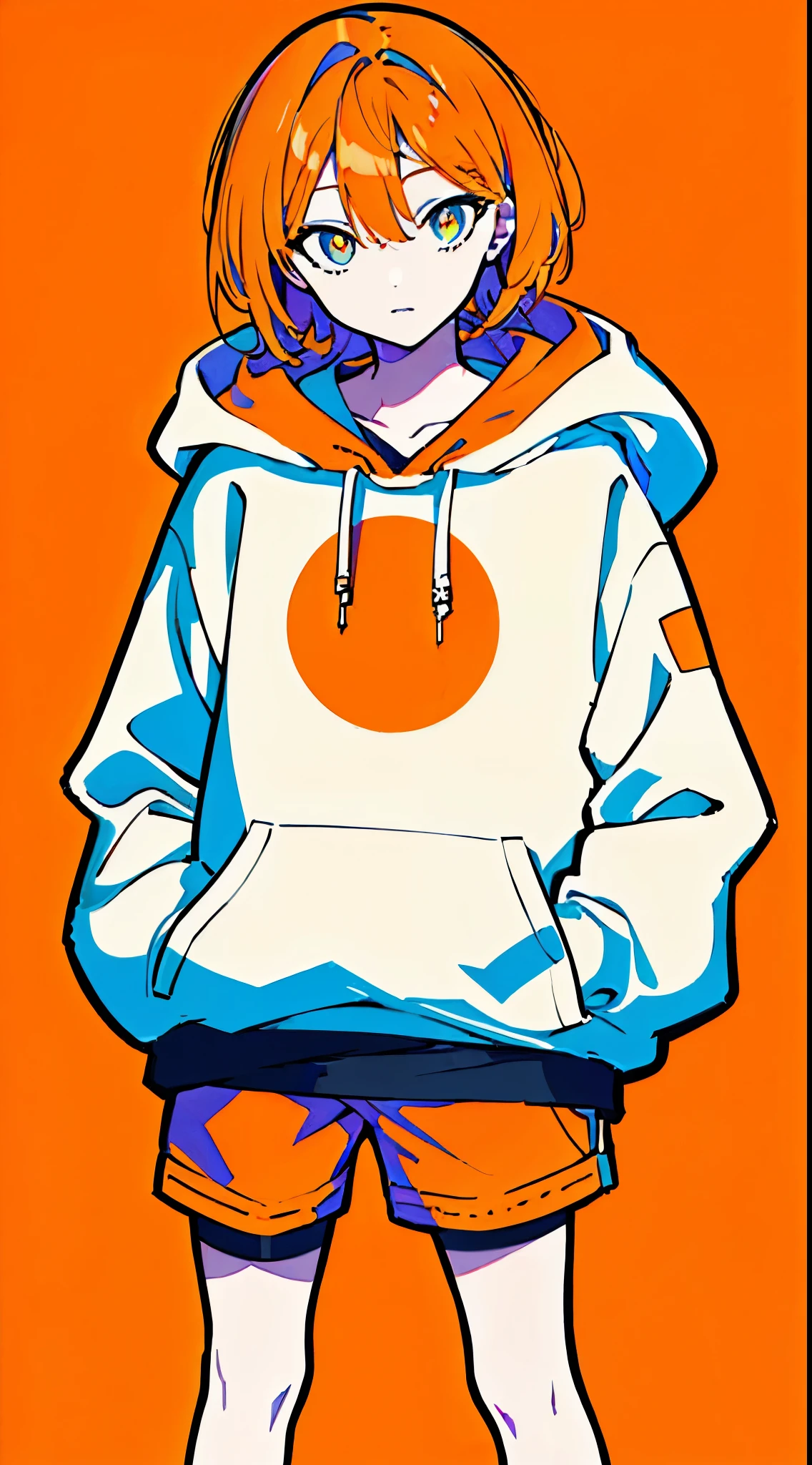 (masterpiece, highest quality:1.6), alone, thick outline, (simple background, light orange background, monochrome, light orange theme:1.2), official art, Key Visual, 8K, disorganized, whole body, (unique hair, Oversized Hoodies, hot pants, arch back, short torso:1.2), belly button, thighs, cowboy shot, HDR, sharp focus, High resolution, most detailed, very detailed, Super detailed, finely, detailed eyes and face, sharp pupils, realistic student, solo, orange and white contrast, solo, hands in pockets