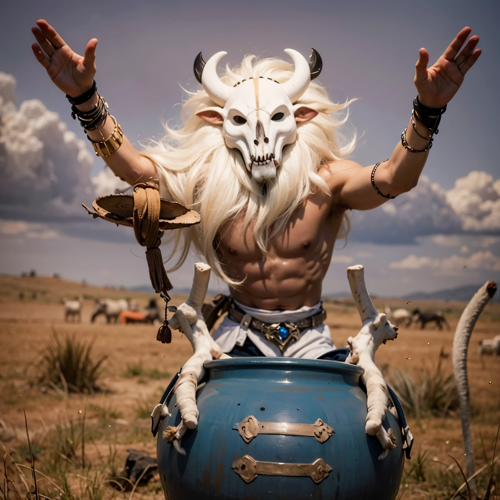 African man in a mask over an empty cauldron