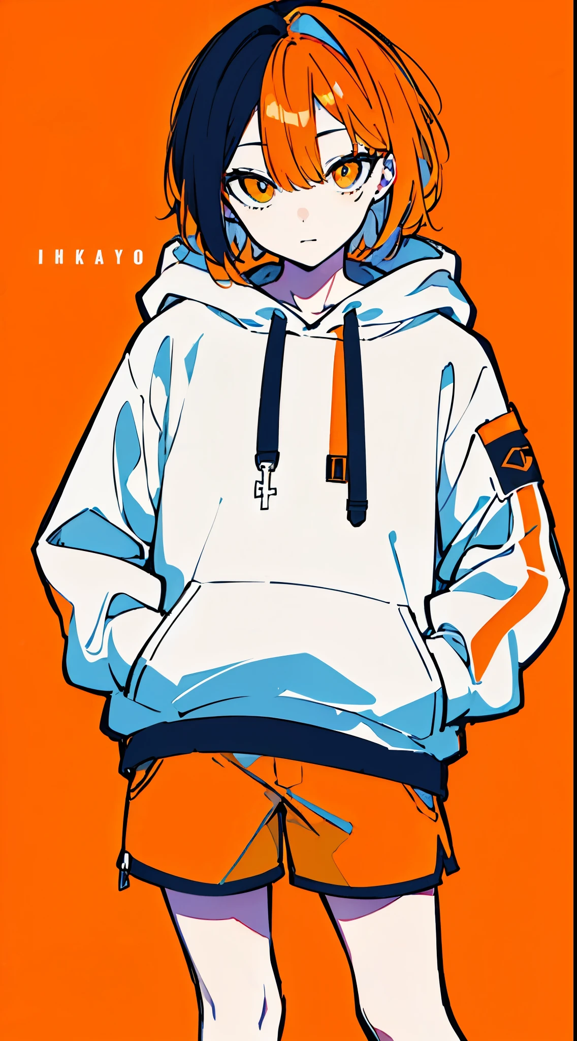 (masterpiece, highest quality:1.6), alone, thick outline, (simple background, light orange background, monochrome, light orange theme:1.2), official art, Key Visual, 8K, disorganized, whole body, (unique hair, Oversized Hoodies, hot pants, arch back, short torso:1.2), belly button, thighs, cowboy shot, HDR, sharp focus, High resolution, most detailed, very detailed, Super detailed, finely, detailed eyes and face, sharp pupils, realistic student, solo, orange and white contrast, solo, hands in pockets