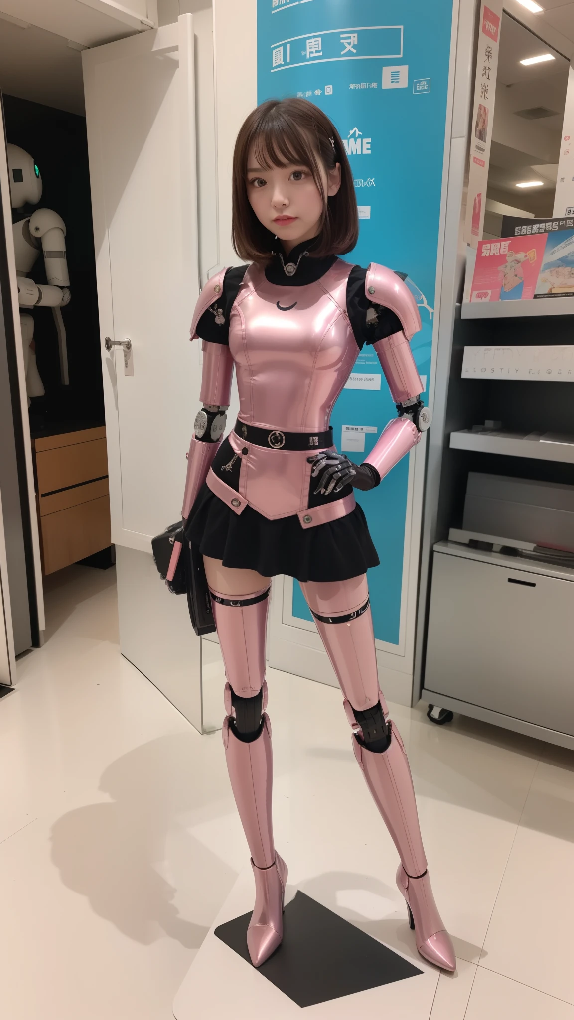 (super highest quality、In 8K、masterpiece、delicate illustrations、Full body Esbian),(She wears futuristic battle armor with a dark pink and white shine.:1.5)、A beautiful and bewitching Japanese 22-year-old woman:1.5、plump body:1.3、black hair、bob cut、smile、dynamic pose:1.3、Bedroom、NSFW:1.5, smile、on the mat、show off your chest:1.3、hide your hands:1.5