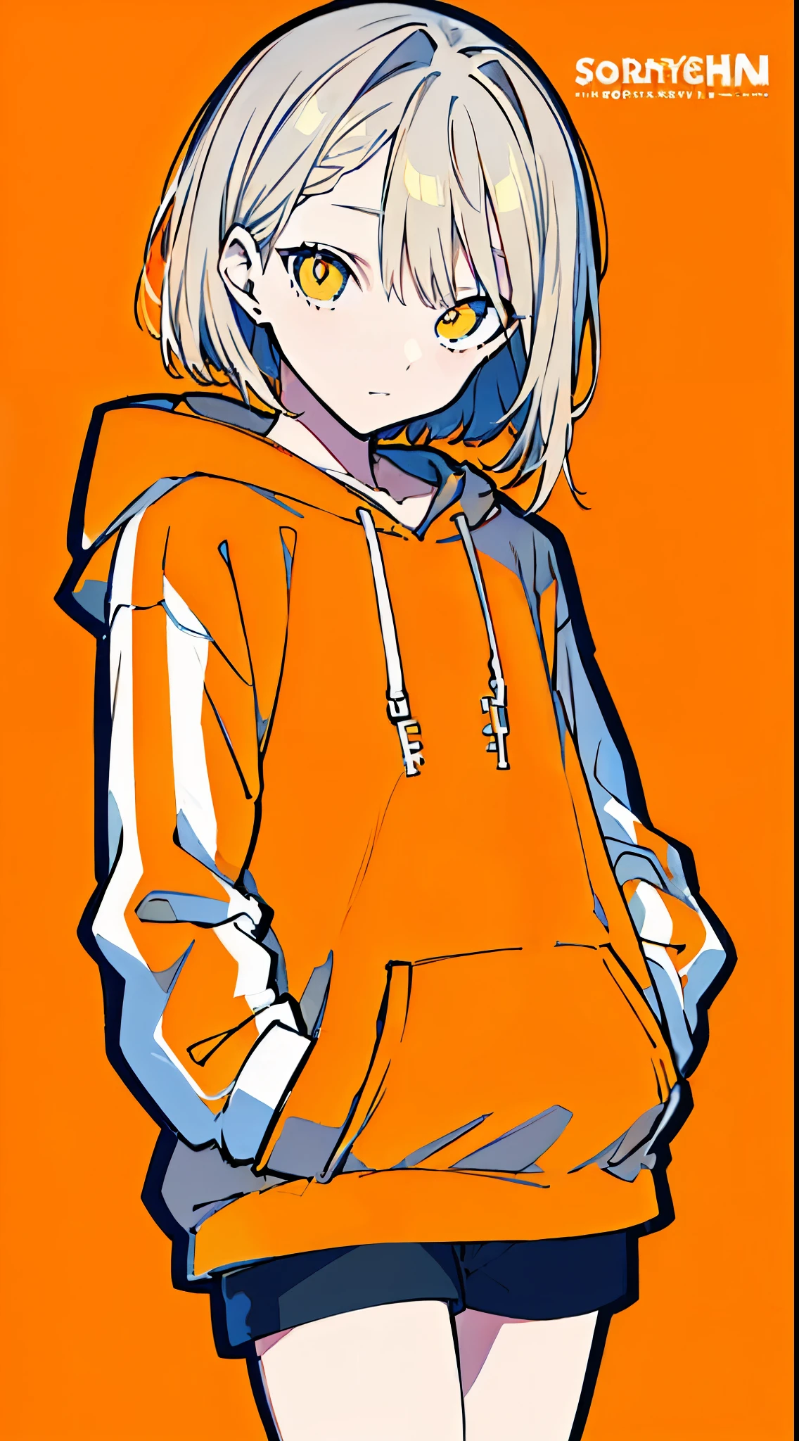 (masterpiece, highest quality:1.6), alone, thick outline, (simple background, light orange background, monochrome, light orange theme:1.2), official art, Key Visual, 8K, disorganized, whole body, (unique hair, Oversized Hoodies, hot pants, arch back, short torso:1.2), belly button, thighs, cowboy shot, HDR, sharp focus, High resolution, most detailed, very detailed, Super detailed, finely, detailed eyes and face, sharp pupils, realistic student, solo, orange and white contrast, solo, hands in pockets