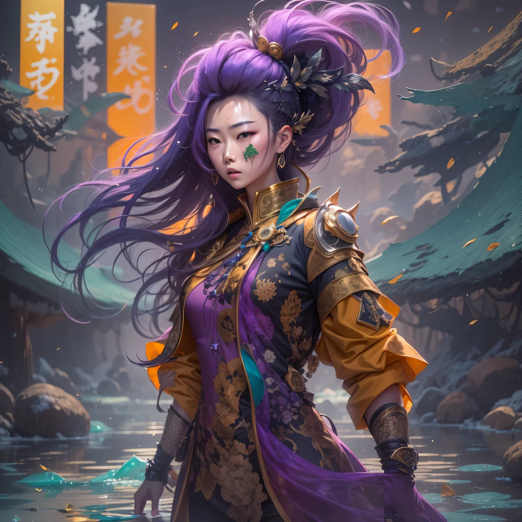 Chapter 3679 The Year of Cyberpunk（masterpiece，HD，超HD，32k lotus root starch）Bright purple flowing hair，autumn pond， lotus root starch color， Asian （Michiko）， （silk scarf）， fighting stance， looking at the colorful balloons， Orange gradient long hair， ((Thick frame reflective jade windproof goggles))Floating bright purple， Fire cloud gold headdress， Chinese long-sleeved gold silk garment， （Abstract ink splash：1.2），mars background，lotus（realistically：1.4），bright purple hair，Smoke on the road，The background is very ivory、pure， high resolution， Detailed wind protection goggles， RAW photos lotus root starch， Sharp Re， Nikon D850 film photo by Jefferies Lee 4 Kodak Portra 400 camera F1.6 guns, rich and colorful, Super real、Vivid texture, dramatic lighting, Unreal Engine Art Station Trend, Silicon Nest 800