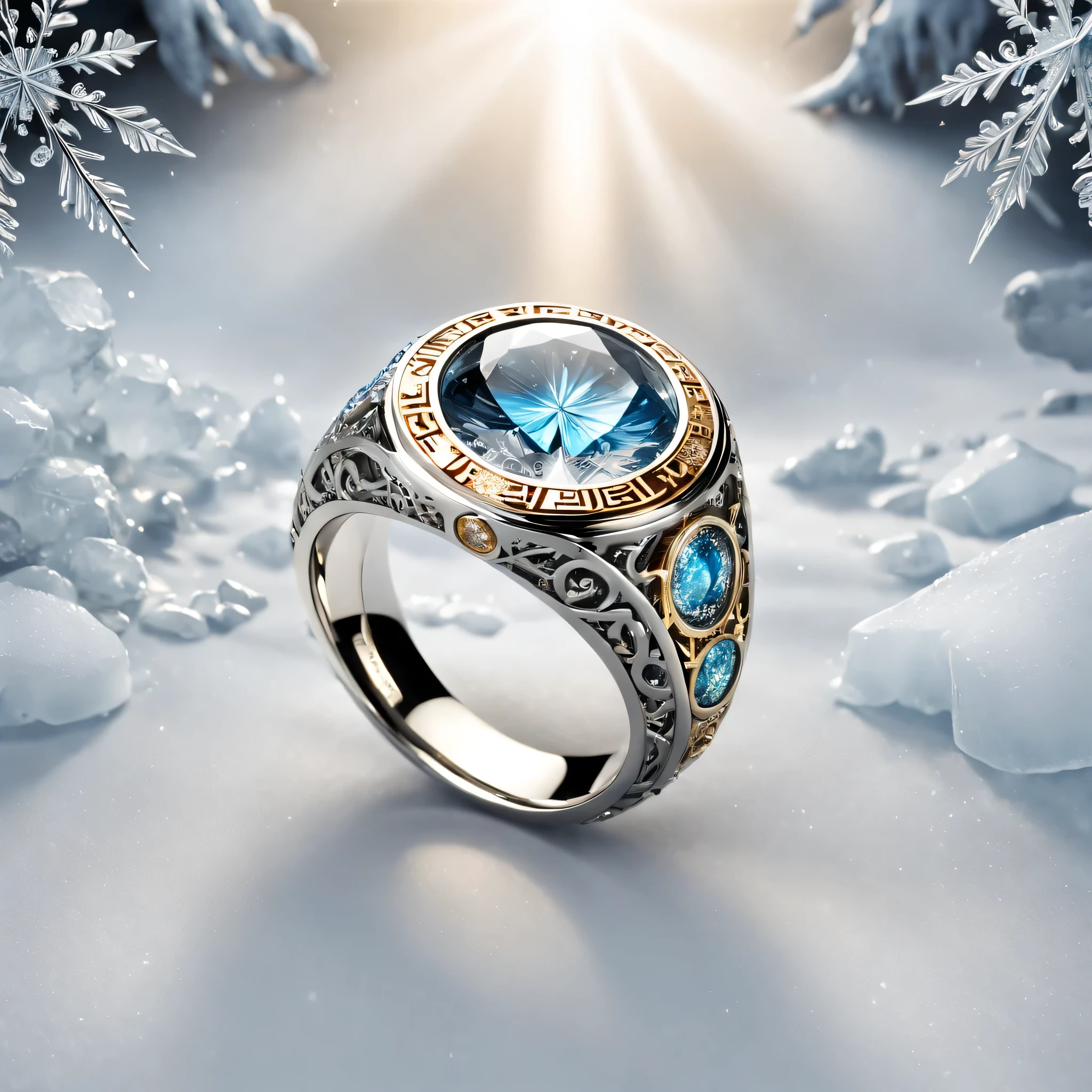 (8K, 16 thousand., Award Winning, top quality, Highest resolution, Super Detail, high detail, anatomically correct, masterpiece, stunning beauty), (metal ring: 1.3), metal ring inside an icicle , Man ring, detailed design, Snowflake carving, mastery of performance , Legendary ring, Rare and valuable, complex parts, The ring is made of metal., called orichalcum, There are no gems, (Ancient hieroglyphs are engraved on the inside of the ring..: 1.2), The Perfect Circle, platinum, white, gold & silver, Trapped in a world of ice.