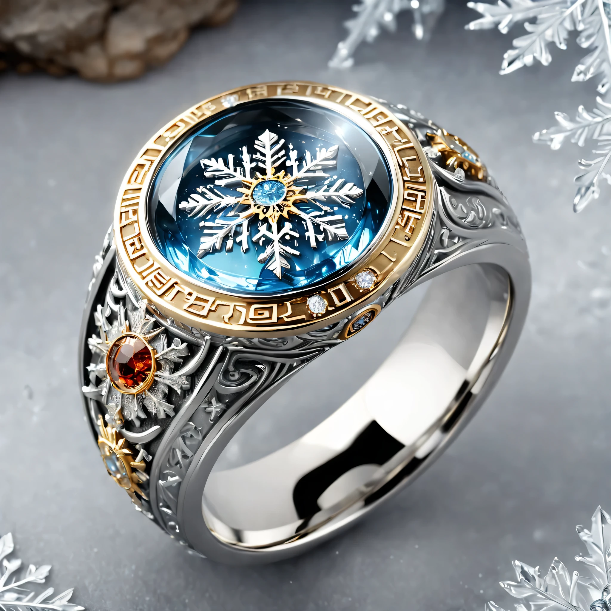 (8K, 16 thousand., Award Winning, top quality, Highest resolution, Super Detail, high detail, anatomically correct, masterpiece, stunning beauty), (metal ring: 1.3), metal ring inside an icicle , Man ring, detailed design, Snowflake carving, mastery of performance , Legendary ring, Rare and valuable, complex parts, The ring is made of metal., called orichalcum, There are no gems, (Ancient hieroglyphs are engraved on the inside of the ring..: 1.2), The Perfect Circle, platinum, white, gold & silver, Trapped in a world of ice.