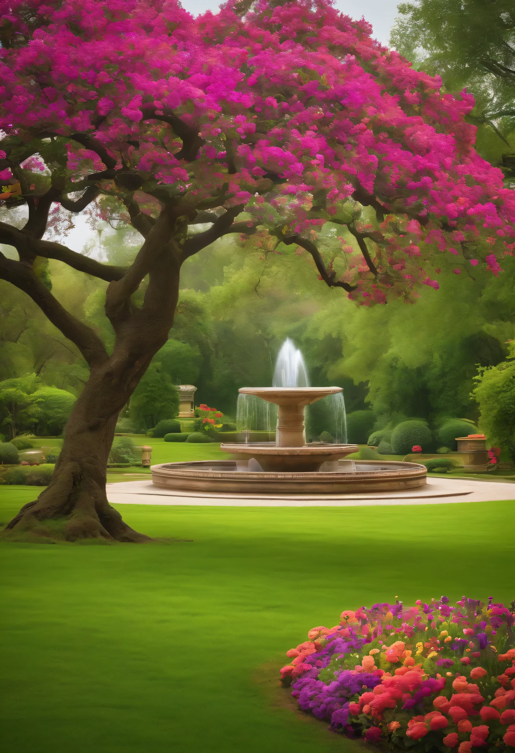 Scenic green field with trees lining the sides , adorned with a colorful vibrant flowers. with a Zen garden and fountain and huge oak tree and small birds