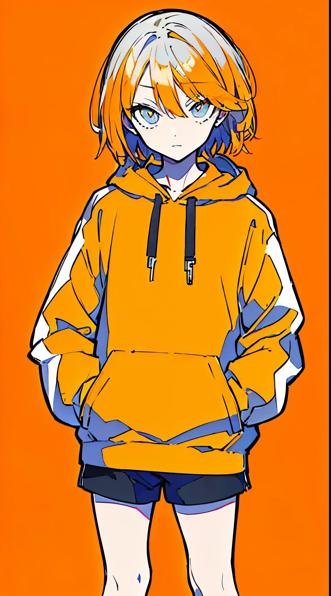 (masterpiece, highest quality:1.6), alone, thick outline, (simple background, light orange background, monochrome, light orange theme:1.2), official art, Key Visual, 8K, disorganized, whole body, (unique hair, Oversized Hoodies, hot pants, arch back, short torso:1.2), belly button, thighs, cowboy shot, HDR, sharp focus, High resolution, most detailed, very detailed, Super detailed, finely, detailed eyes and face, sharp pupils, realistic student, solo, orange and white contrast, solo, hands in pockets