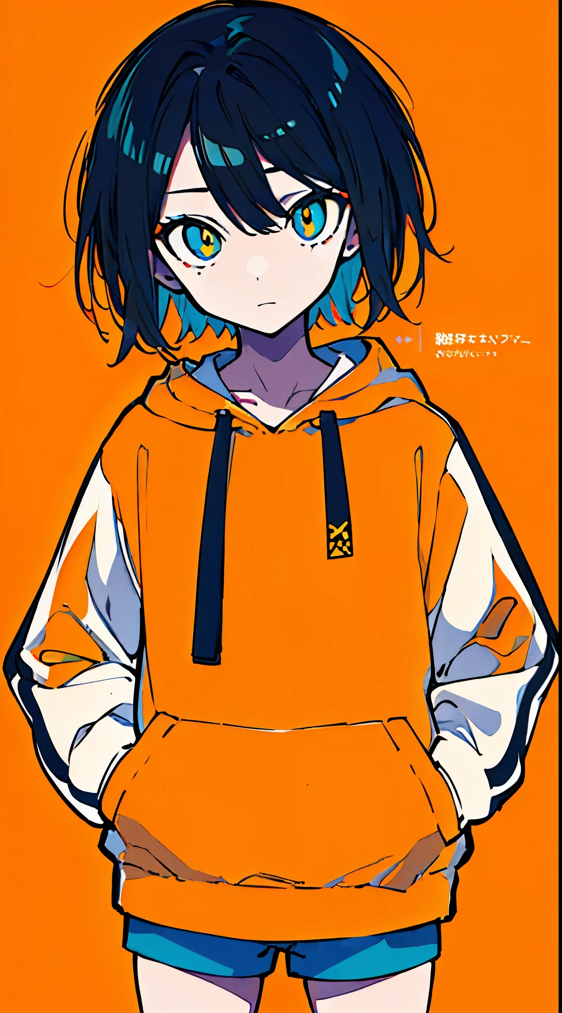 (masterpiece, highest quality:1.6), alone, thick outline, (simple background, light orange background, monochrome, light orange theme:1.2), official art, Key Visual, 8K, disorganized, whole body, (unique hair, Oversized Hoodies, hot pants, arch back, short torso:1.2), belly button, thighs, cowboy shot, HDR, sharp focus, High resolution, most detailed, very detailed, Super detailed, finely, detailed eyes and face, sharp pupils, realistic student, solo, orange and white contrast, solo, hands in pockets