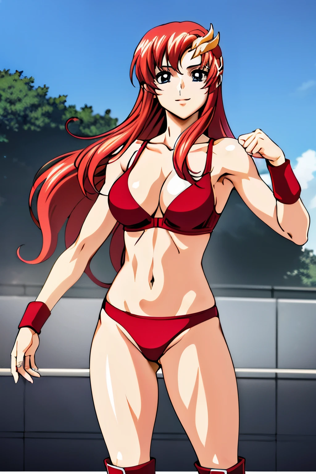 lacus4, (red bikini, red boots, arm band, groin, missy hair), (masterpiece, flexing arms , very slim shoulders, 4K, Best Quality, Anime style: 1.9, happy, Adult Woman, (ultra detailed head), (arena, cloud background), Drawing lines, high resolution, lacus4), 1girl, Solo, curvy figure, Long hair, 鎖骨, scapular, (Detailed wide hair bangs, Hair Ornament, Detailed reddish-pink hair, shiny streaks, slim arms, detailed golden crest), cleavage, large hands, (hair cover shoulders). (Big blue eyes, shiny eyes), ((female wrestler, (slim body), standing, slim arms)), ((perfect proportions, medium breasts, long belly)), ((totally red bra, neck band)), smile, (standing, hot colors), detailed fingers, (bare shoulders)
