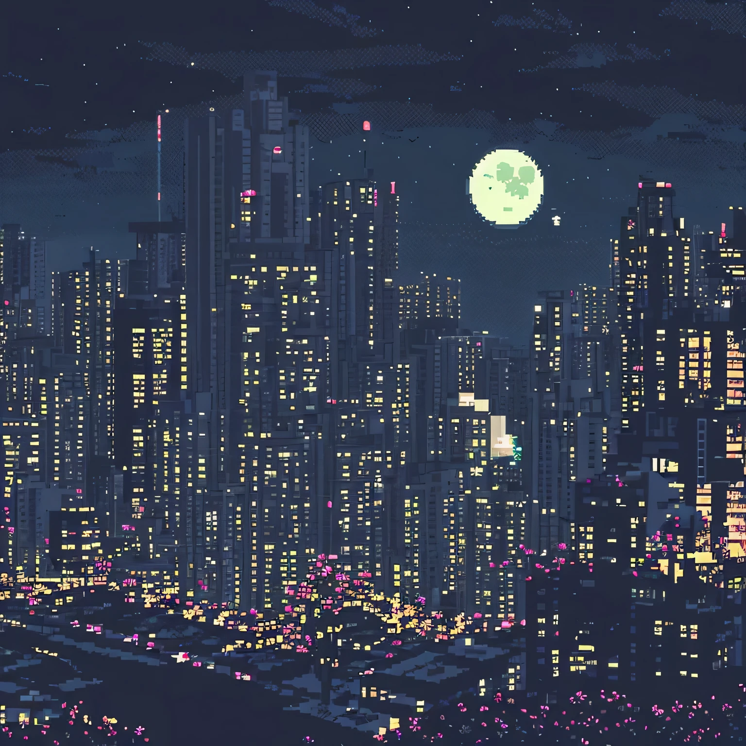 beautiful night view, Pixel art、sad、car、city pop、Beautiful Moon、Pitch Black Sky、Remains,