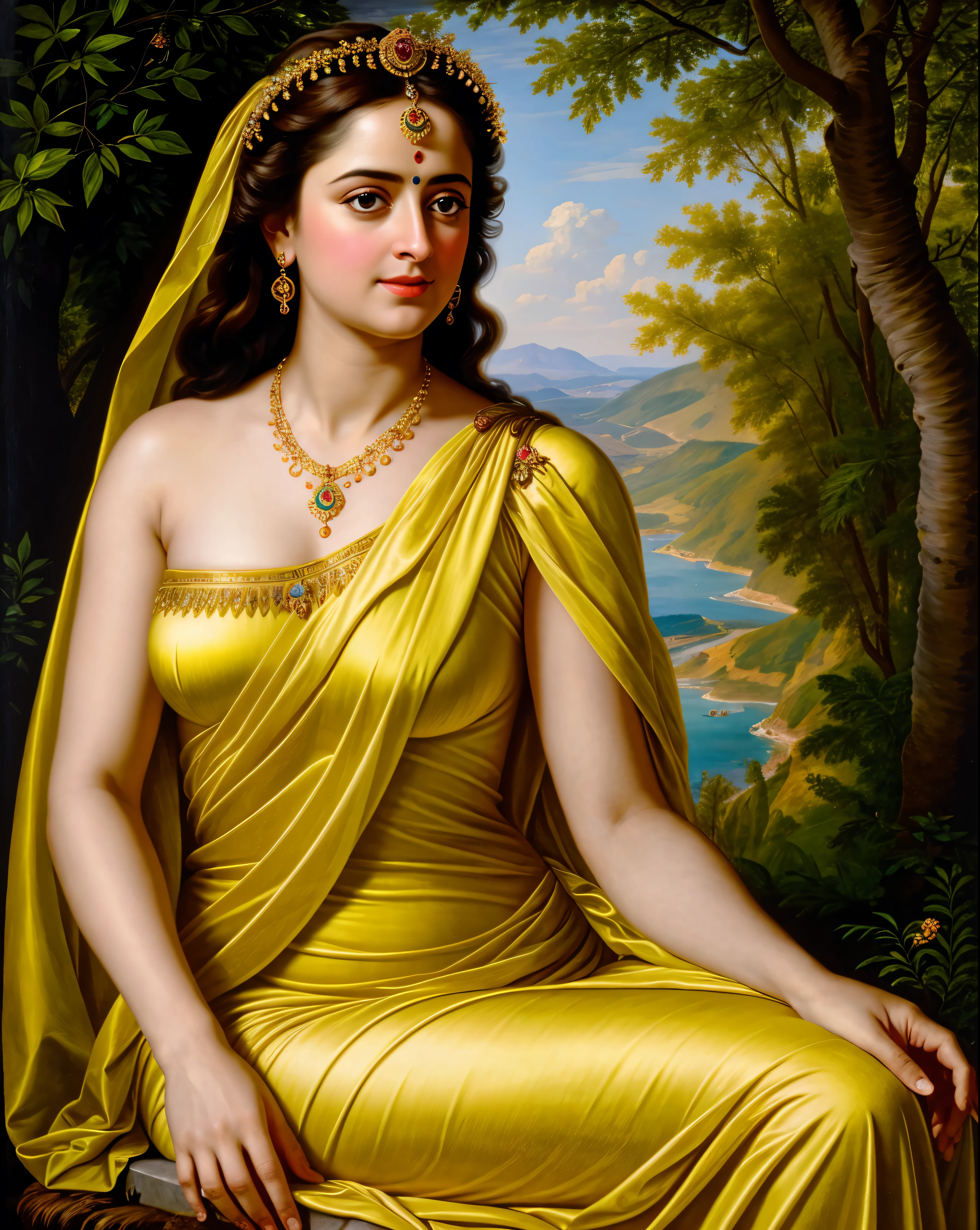 Looks like Anushka Shetty, Masterpiece, Best quality, high clarity eyes, beautifully styled hair, critically flawless,sharp picture, Full portrait, High pixels, perfect face, perfect eyes, beautiful face, perfect hands,perfect fingers, in Peter Paul Rubens style, by Peter Paul Rubens, baroque style, acrylic on canvas, highly detailed, description: "Create a nymph inspired by the tales of Greek or Roman mythology, embodying the essence of a natural element or location, and possessing a unique ability or trait that sets her apart."