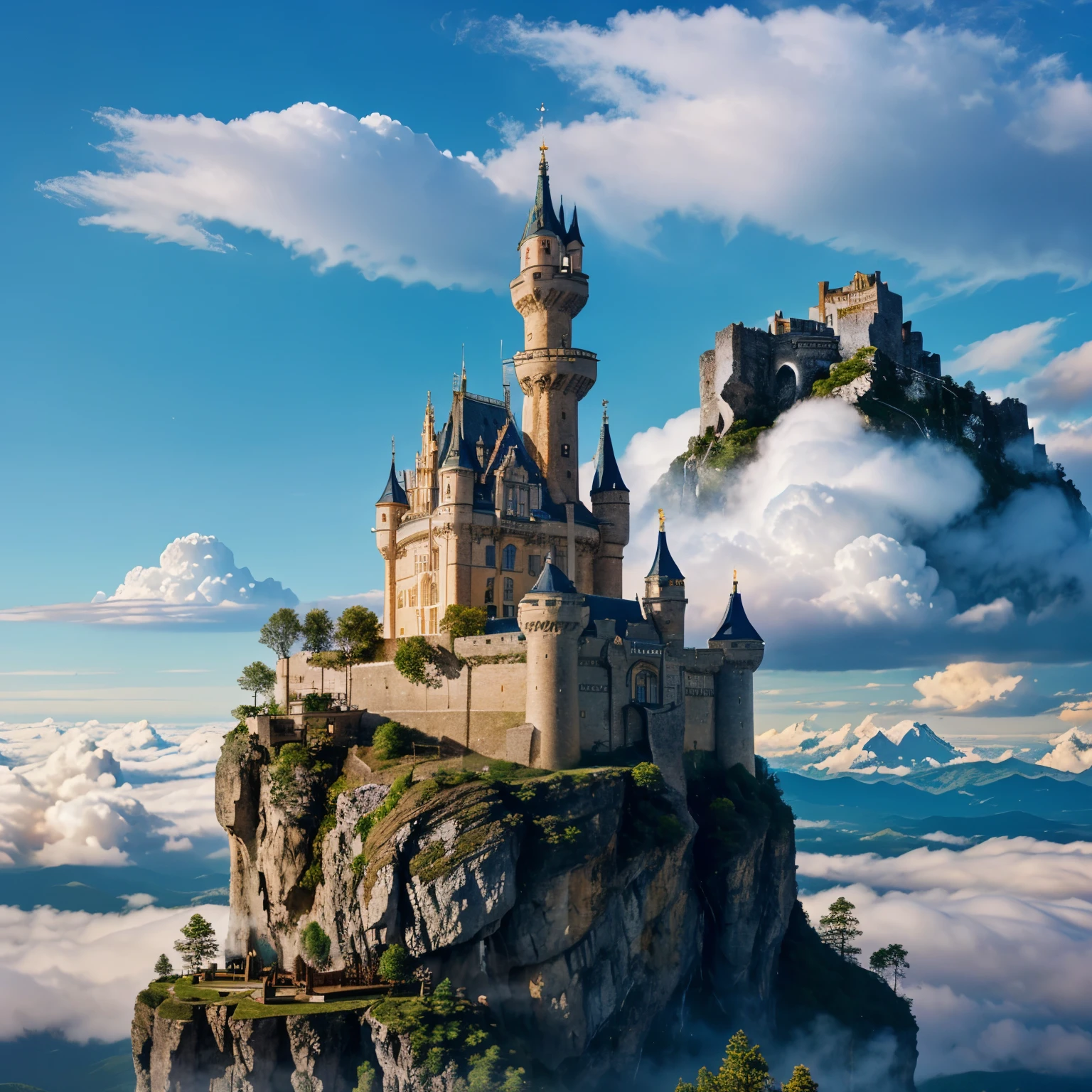 a castle on top of a mountain, Imagine a world suspended among the clouds, with floating cities and celestial waterfall
