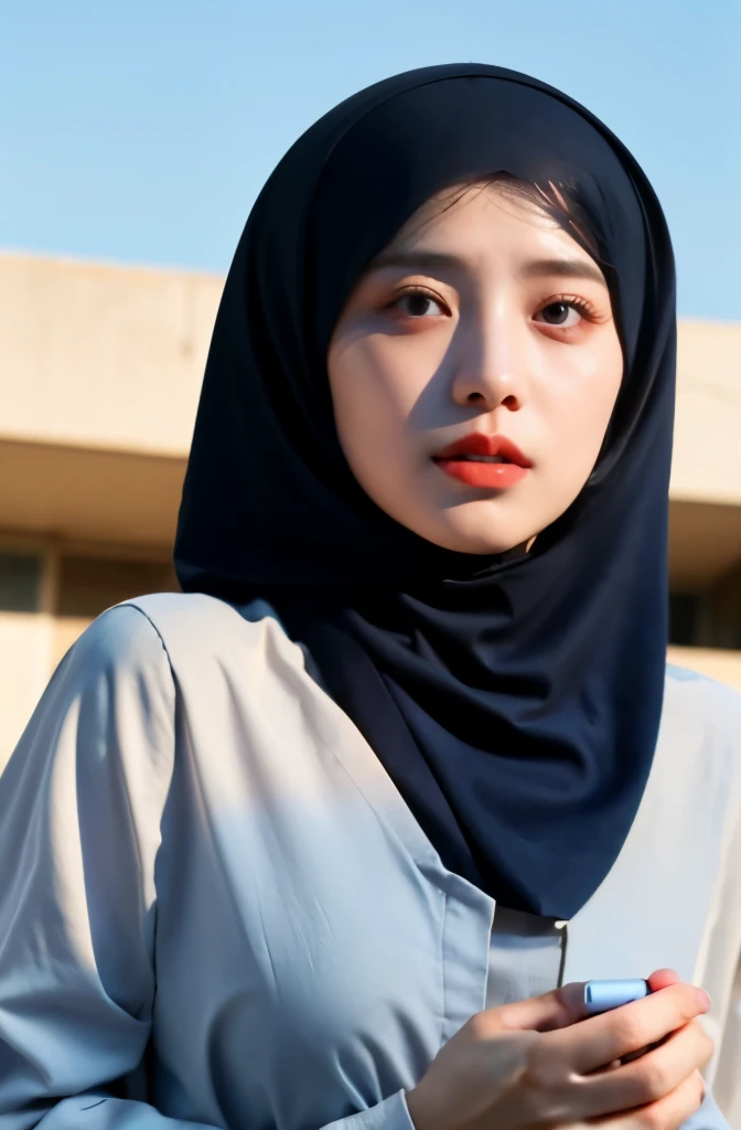 Wear hijab blue collor, ((Best quality, 8k, Masterpiece :1.37)), position:sitting, face looking at the camera holding a smart phone, ( women in hijab), women in hijab blue, style model, ( women in hijab), beautiful face, Beautiful detailed eyes, Korean eyes, nose detail, Natural Lips, 18 year old girl, black hair, very detailed face, ultra detailed body, slim body, detailed big breasts, detailed hairy vagina, Wearing Muslim hijab , luxurious jubba thobbe, blue sky view, slim body, realistic face, women wearing hijabs, smiling face