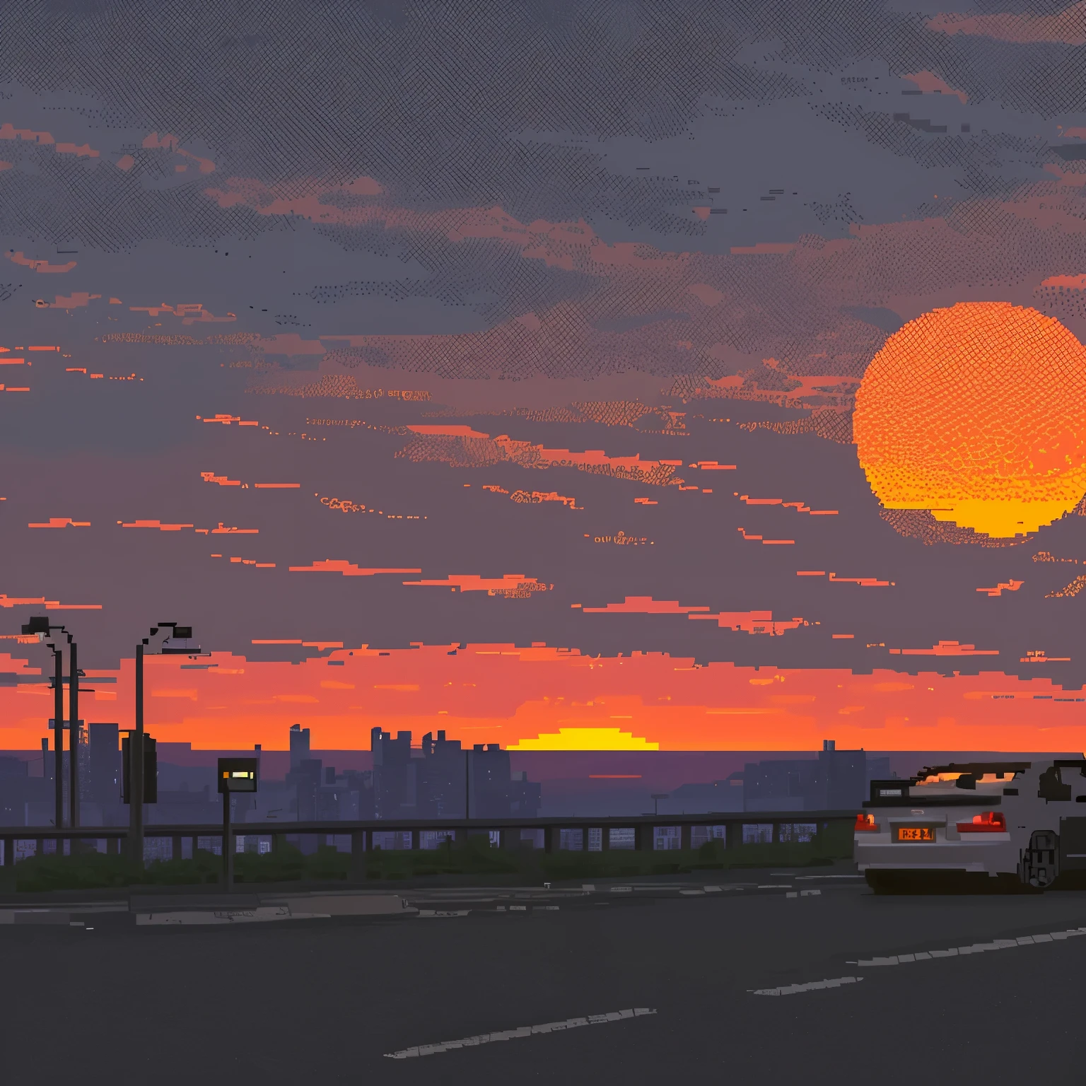 beautiful night view, Pixel art、sad、car、shite pop、beautiful sunset