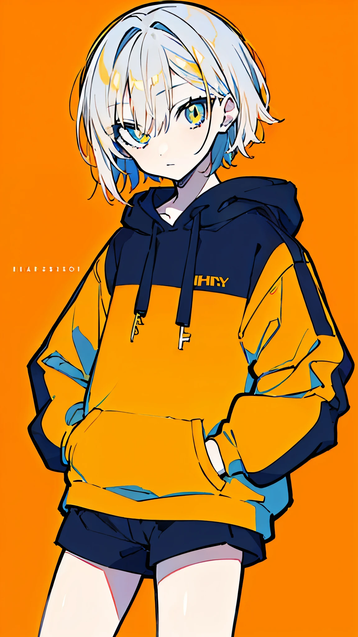 (masterpiece, highest quality:1.6), alone, thick outline, (simple background, light orange background, monochrome, light orange theme:1.2), official art, Key Visual, 8K, disorganized, whole body, (unique hair, Oversized Hoodies, hot pants, arch back, short torso:1.2), belly button, thighs, cowboy shot, HDR, sharp focus, High resolution, most detailed, very detailed, Super detailed, finely, detailed eyes and face, sharp pupils, realistic student, solo, orange and white contrast, solo, hands in pockets