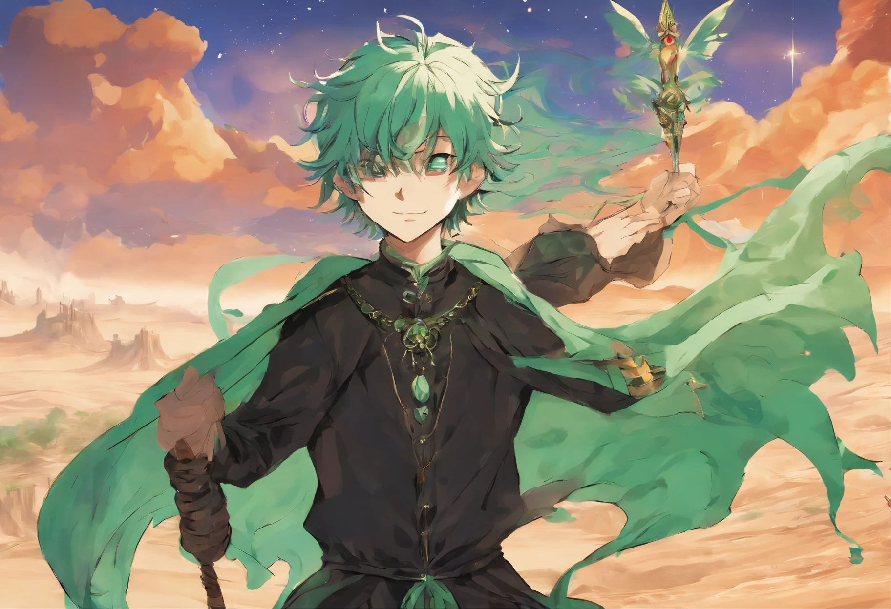 An anime boy who appears to be fifteen years old, has green hair that reaches the end of his neck, wears black clothes, has a cheerful facial features, and is standing in the middle of a desert.
