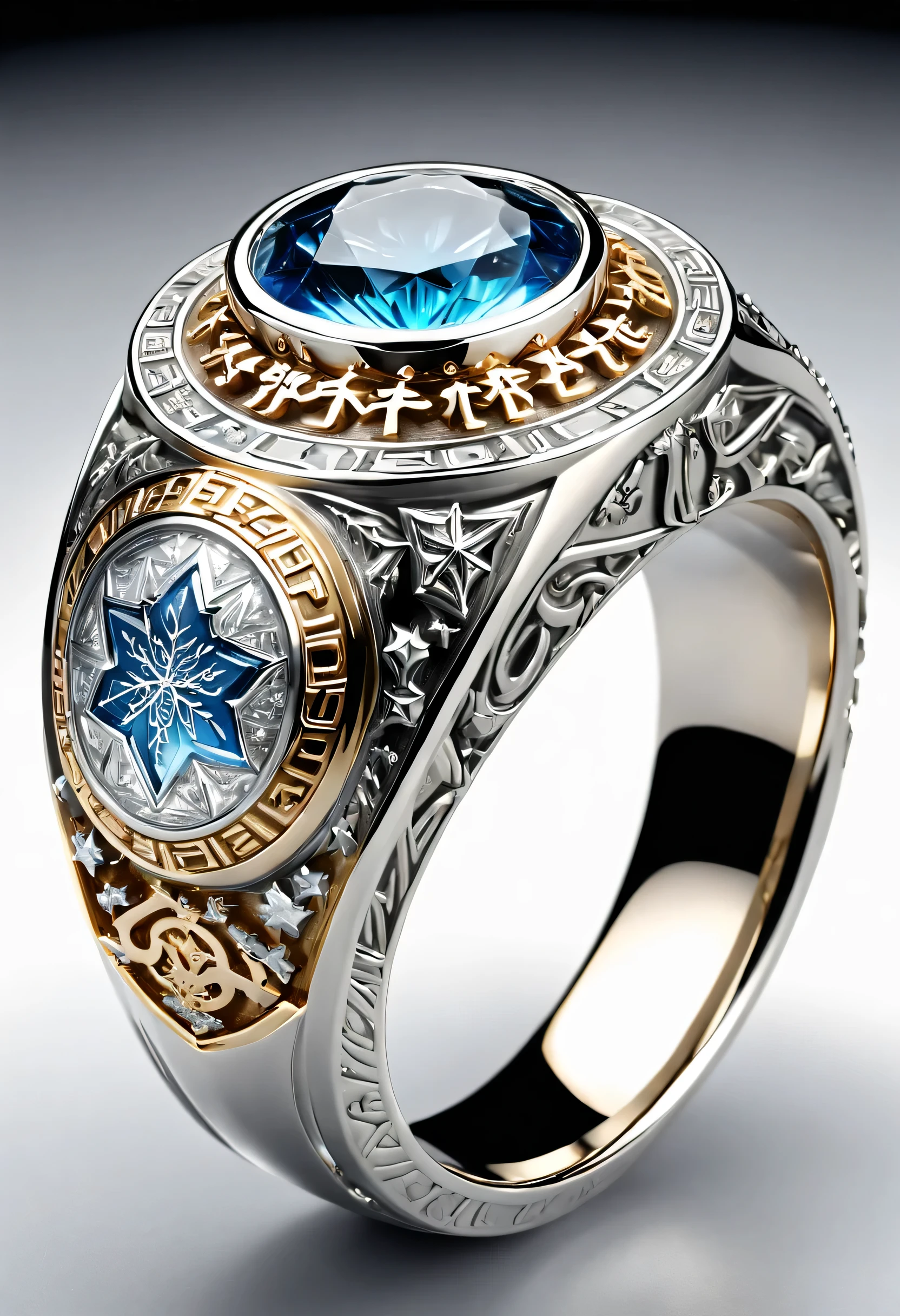 (8K, 16 thousand., Award Winning, top quality, Highest resolution, Super Detail, high detail, anatomically correct, masterpiece, stunning beauty), (metal ring: 1.3), metal ring inside an icicle , Man ring, detailed design, Snowflake carving, mastery of performance , Legendary ring, Rare and valuable, complex parts, The ring is made of metal., called orichalcum, There are no gems, (Ancient hieroglyphs are engraved on the inside of the ring..: 1.2), The Perfect Circle, platinum, white, gold & silver, Trapped in a world of ice.
