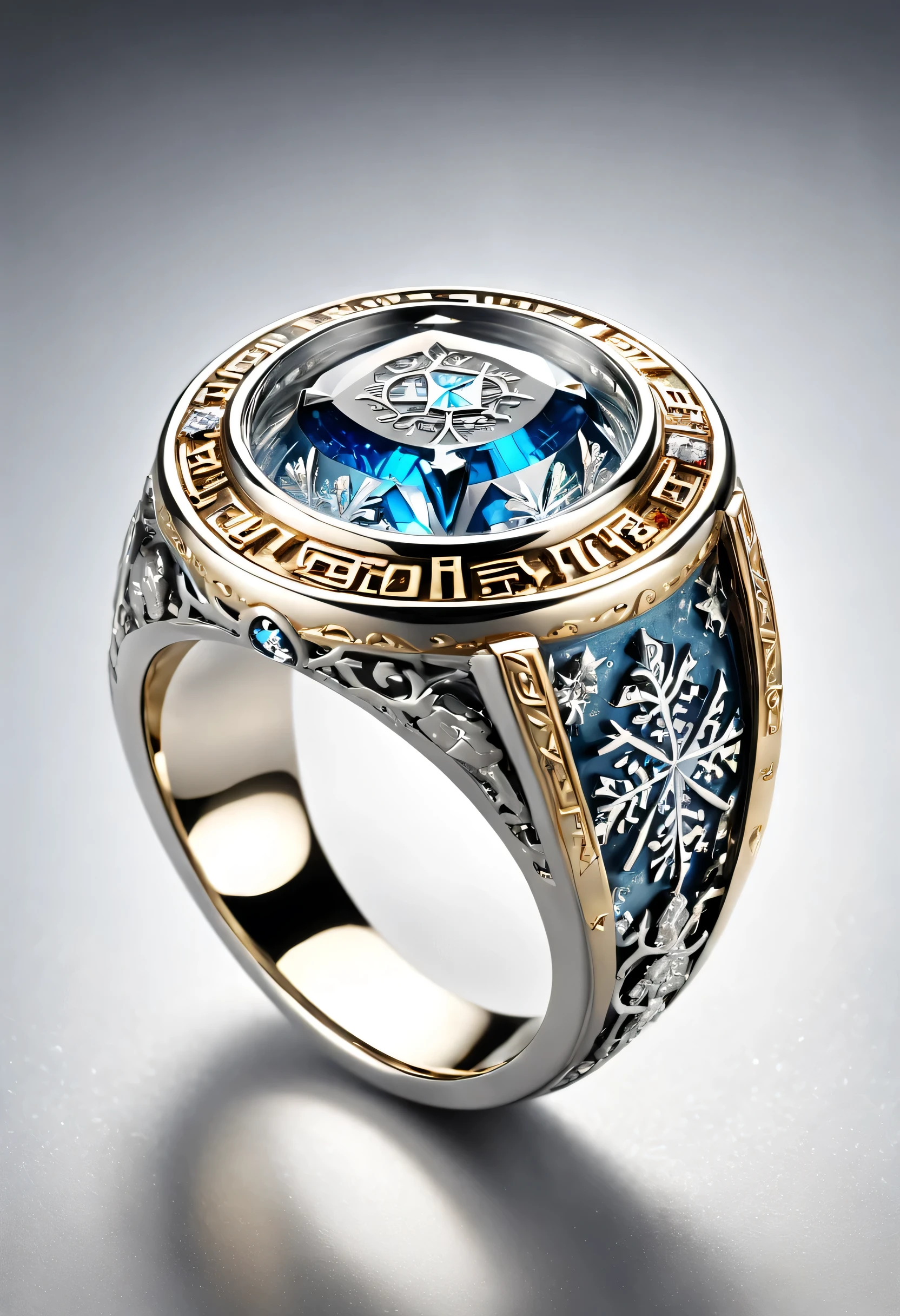 (8K, 16 thousand., Award Winning, top quality, Highest resolution, Super Detail, high detail, anatomically correct, masterpiece, stunning beauty), (metal ring: 1.3), metal ring inside an icicle , Man ring, detailed design, Snowflake carving, mastery of performance , Legendary ring, Rare and valuable, complex parts, The ring is made of metal., called orichalcum, There are no gems, (Ancient hieroglyphs are engraved on the inside of the ring..: 1.2), The Perfect Circle, platinum, white, gold & silver, Trapped in a world of ice.