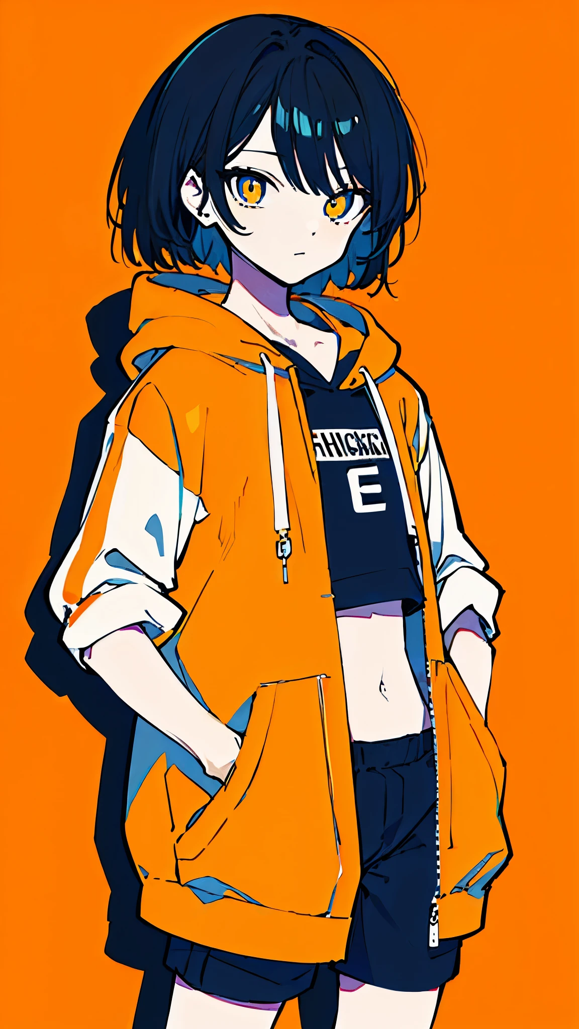 (masterpiece, highest quality:1.6), alone, thick outline, (simple background, light orange background, monochrome, light orange theme:1.2), official art, Key Visual, 8K, disorganized, whole body, (unique hair, Oversized Hoodies, hot pants, arch back, short torso:1.2), belly button, thighs, cowboy shot, HDR, sharp focus, High resolution, most detailed, very detailed, Super detailed, finely, detailed eyes and face, sharp pupils, realistic student, solo, orange and white contrast, solo, hands in pockets