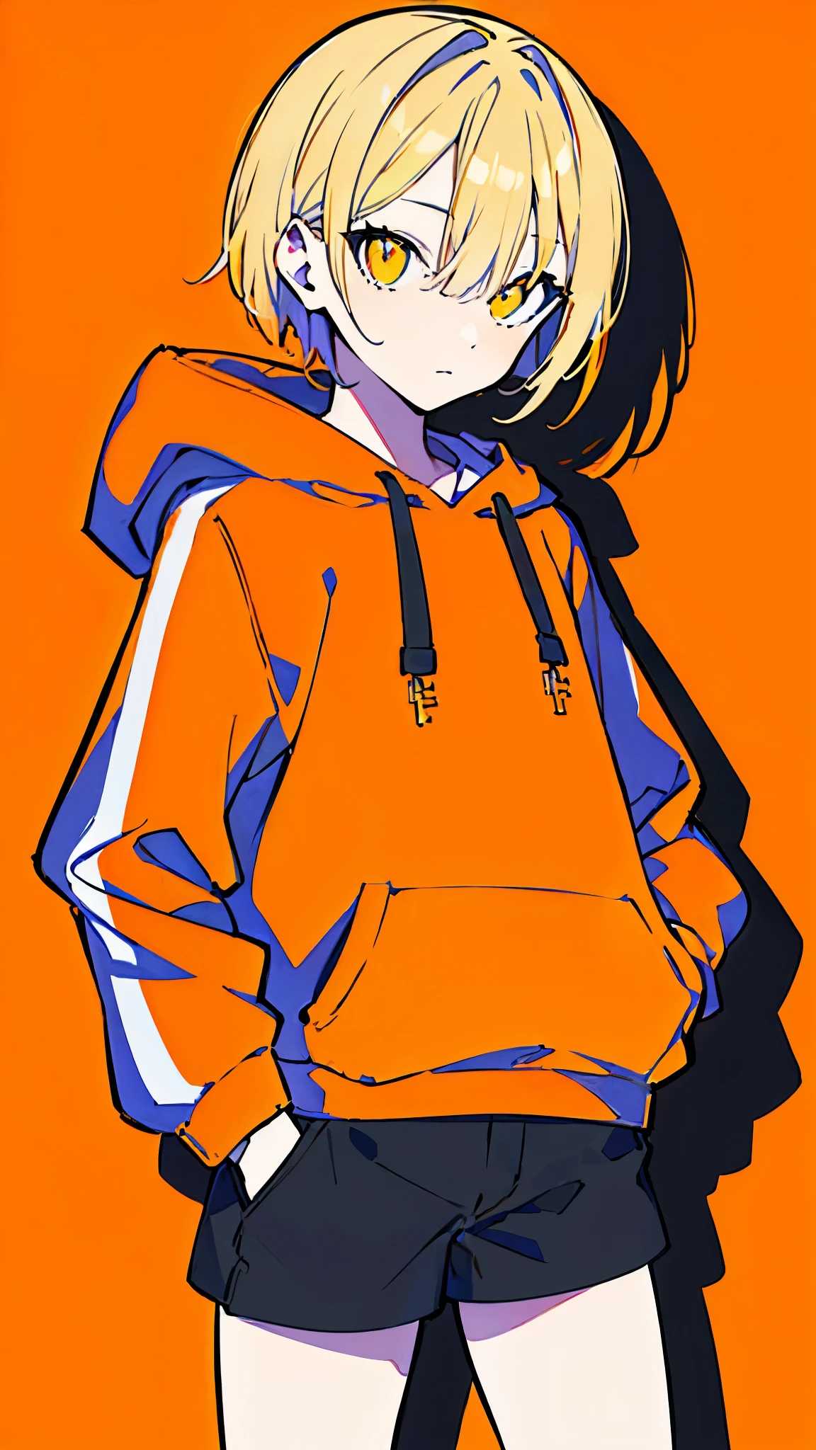 (masterpiece, highest quality:1.6), alone, thick outline, (simple background, light orange background, monochrome, light orange theme:1.2), official art, Key Visual, 8K, disorganized, whole body, (unique hair, Oversized Hoodies, hot pants, arch back, short torso:1.2), belly button, thighs, cowboy shot, HDR, sharp focus, High resolution, most detailed, very detailed, Super detailed, finely, detailed eyes and face, sharp pupils, realistic student, solo, orange and white contrast, solo, hands in pockets
