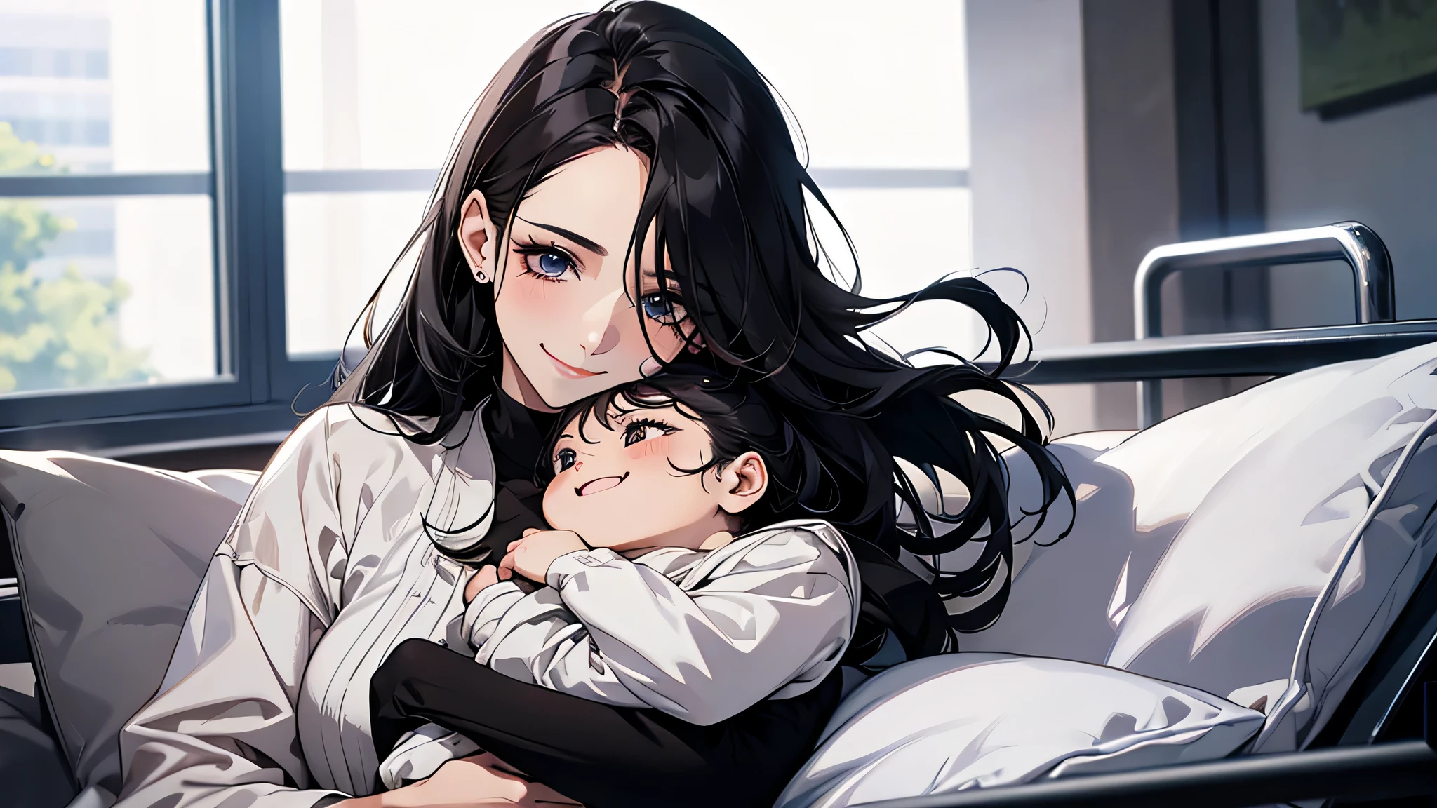 A 30-year-old mature woman wearing white clothes and black tights, with long black hair, sitting in a hospital bed, holding a in her arms, Holding a 1--old ber arms, smiling expression on her face, looking at the camera, single, mature woman, face close-up, perfect face, perfect body, detailed eyes, detailed face