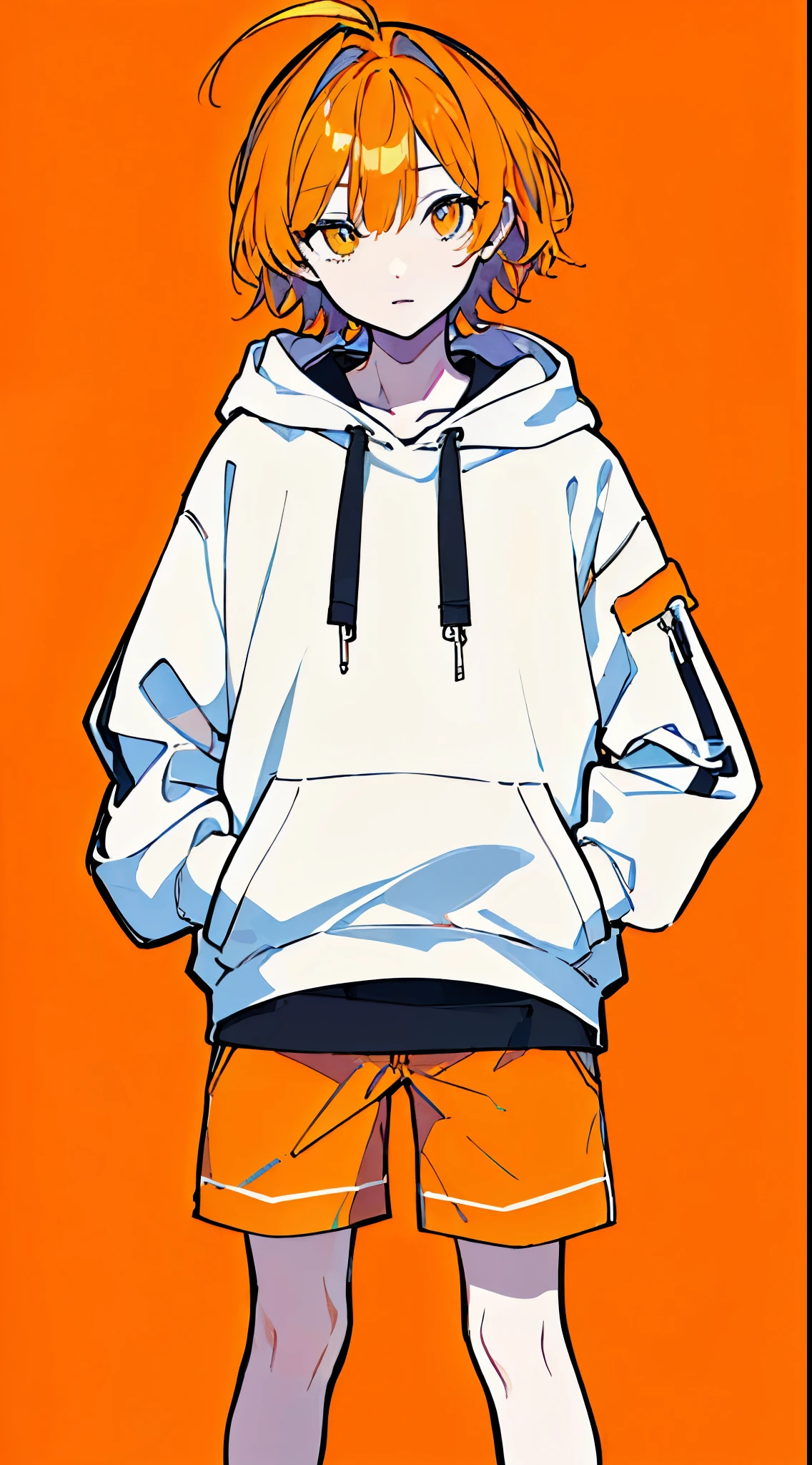 (masterpiece, highest quality:1.6), alone, thick outline, (simple background, light orange background, monochrome, light orange theme:1.2), official art, Key Visual, 8K, disorganized, whole body, (unique hair, Oversized Hoodies, hot pants, wearing a hood, arch back, short torso:1.2), belly button, thighs, cowboy shot, HDR, sharp focus, High resolution, most detailed, very detailed, Super detailed, finely, detailed eyes and face, sharp pupils, realistic student, solo, orange and white contrast, solo, hands in pockets