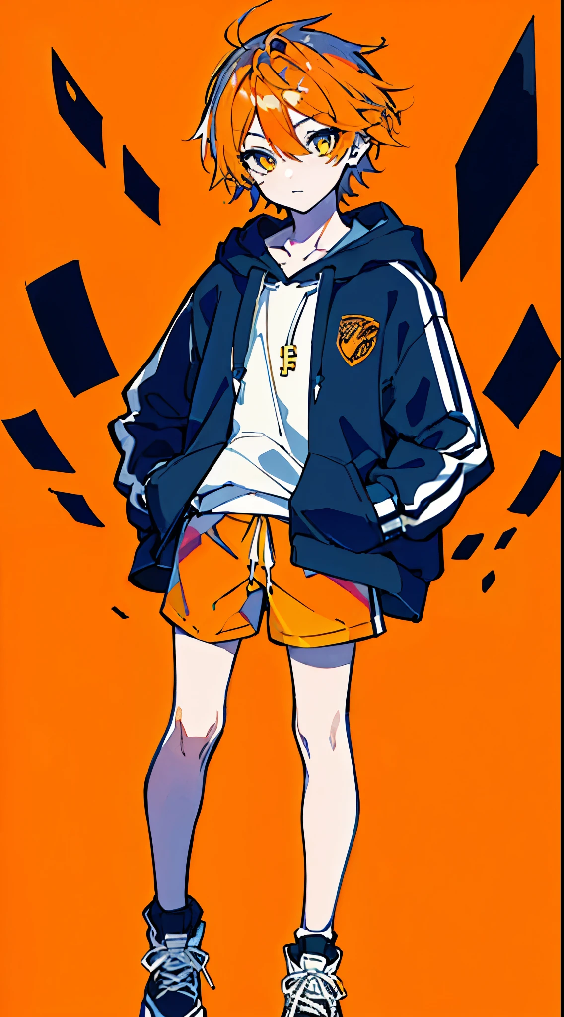(masterpiece, highest quality:1.6), alone, thick outline, (simple background, light orange background, monochrome, light orange theme:1.2), official art, Key Visual, 8K, disorganized, whole body, (unique hair, Oversized Hoodies, hot pants, wearing a hood, arch back, short torso:1.2), belly button, thighs, cowboy shot, HDR, sharp focus, High resolution, most detailed, very detailed, Super detailed, finely, detailed eyes and face, sharp pupils, realistic student, solo, orange and white contrast, solo, hands in pockets