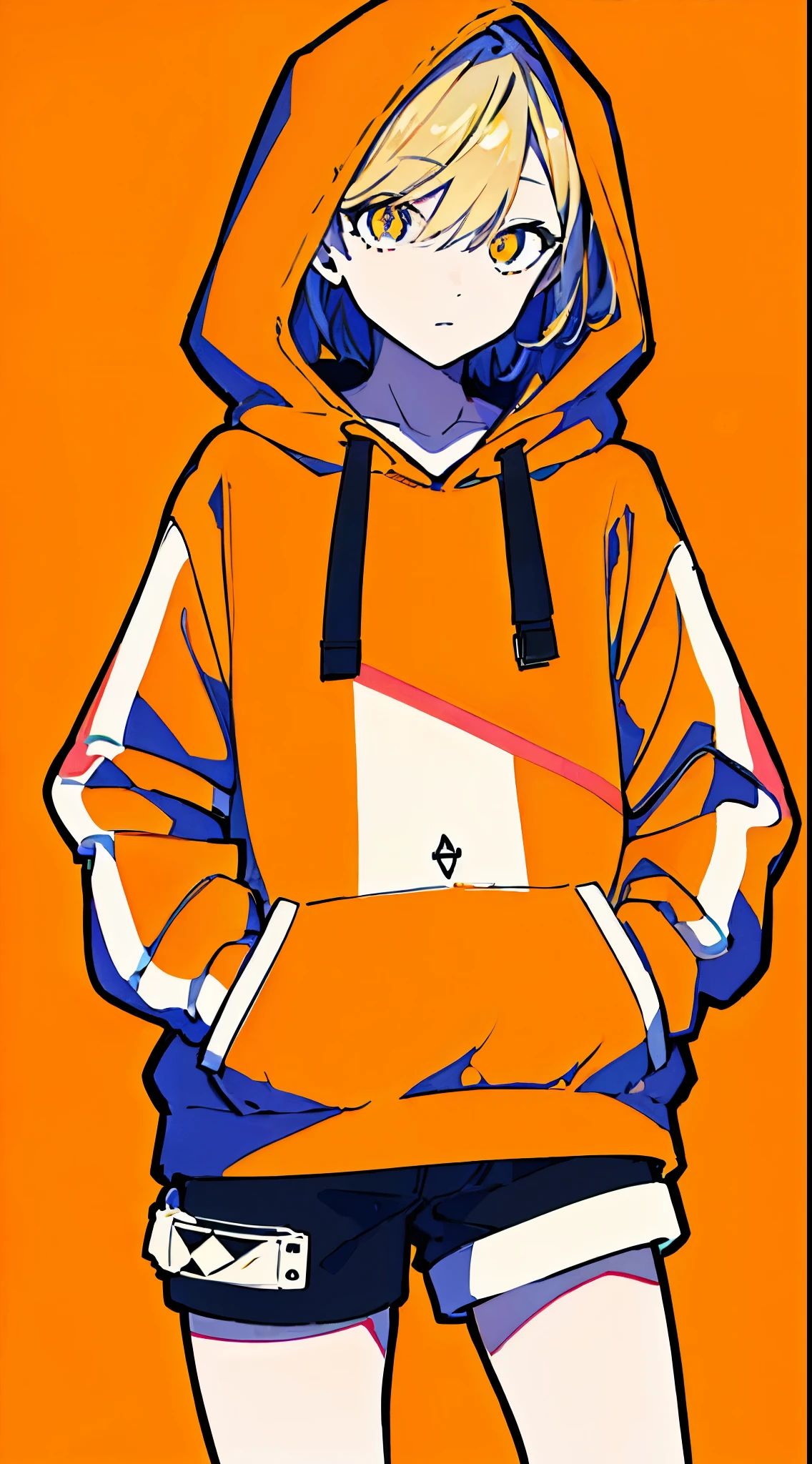 (masterpiece, highest quality:1.6), alone, thick outline, (simple background, light orange background, monochrome, light orange theme:1.2), official art, Key Visual, 8K, disorganized, whole body, (unique hair, Oversized Hoodies, hot pants, hood, arch back, short torso:1.2), belly button, thighs, cowboy shot, HDR, sharp focus, High resolution, most detailed, very detailed, Super detailed, finely, detailed eyes and face, sharp pupils, realistic student, solo, orange and white contrast, solo, hands in pockets