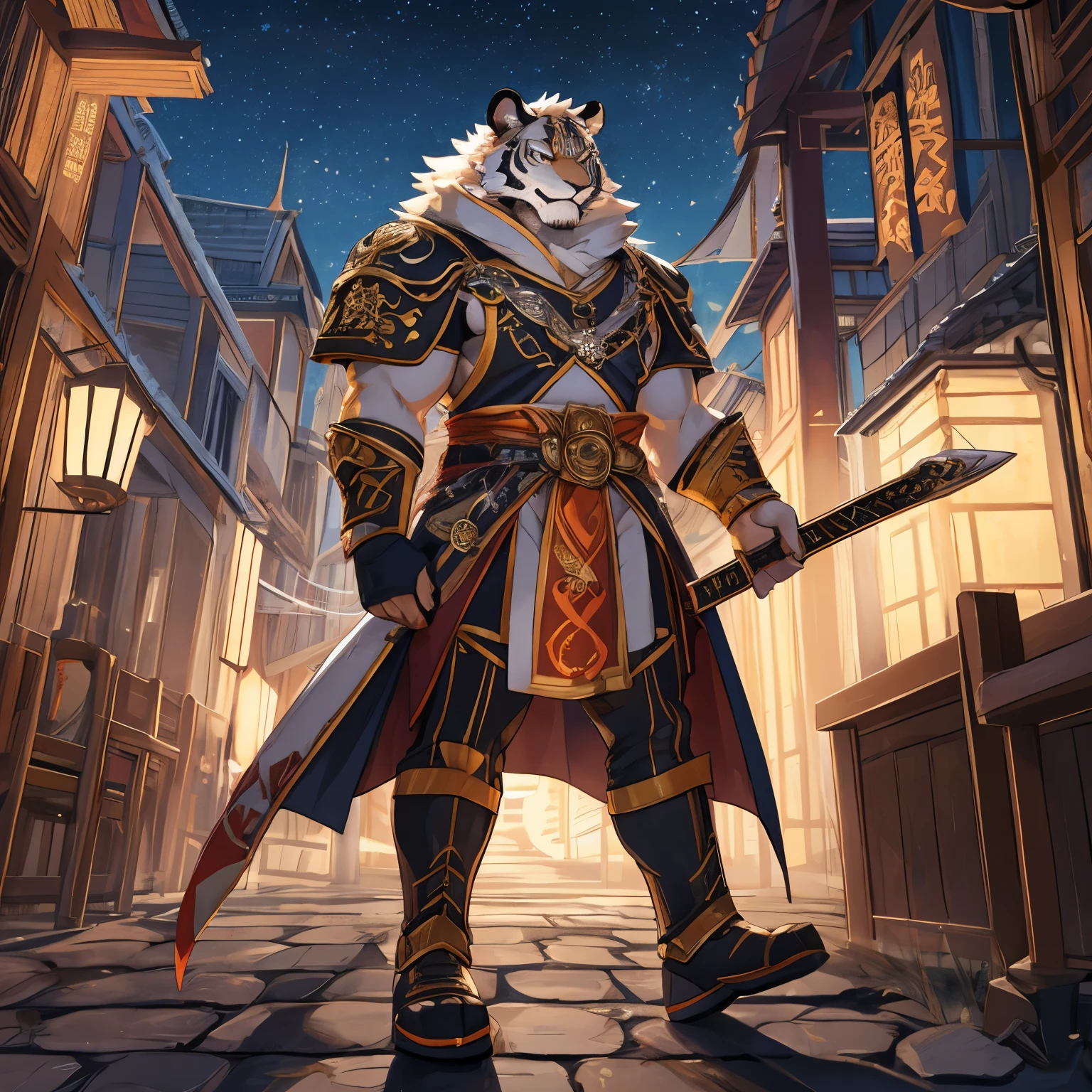 photo, Tiger dressed in black and gold holding sword (Fantasy daimyo style:1) ,clear,exquisite,面部clear,line