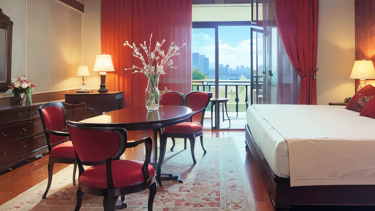 luxury hotel room、lamp、table、Chair、bed、floor、ceiling