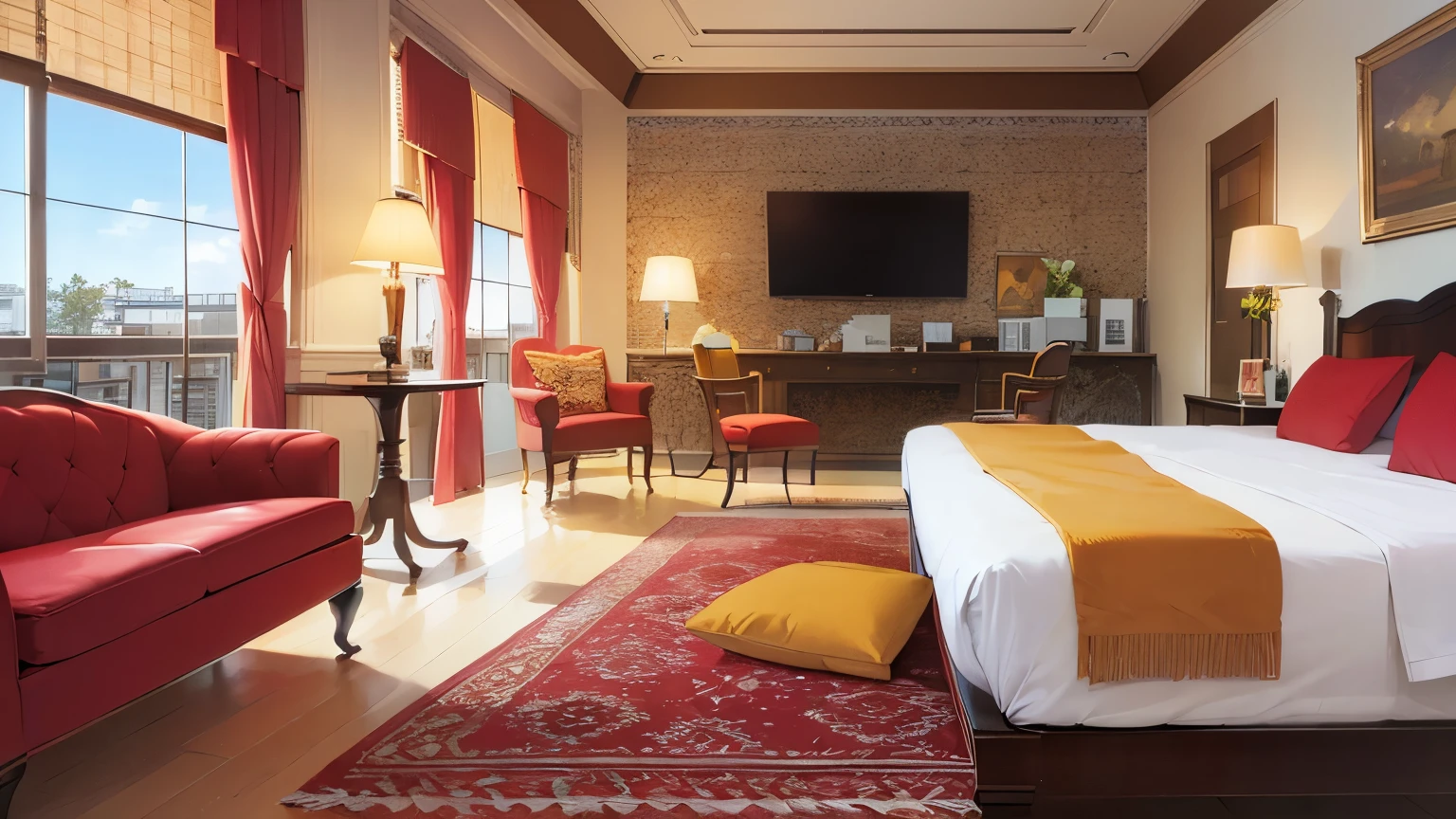 luxury hotel room、lamp、table、Chair、bed、floor、ceiling