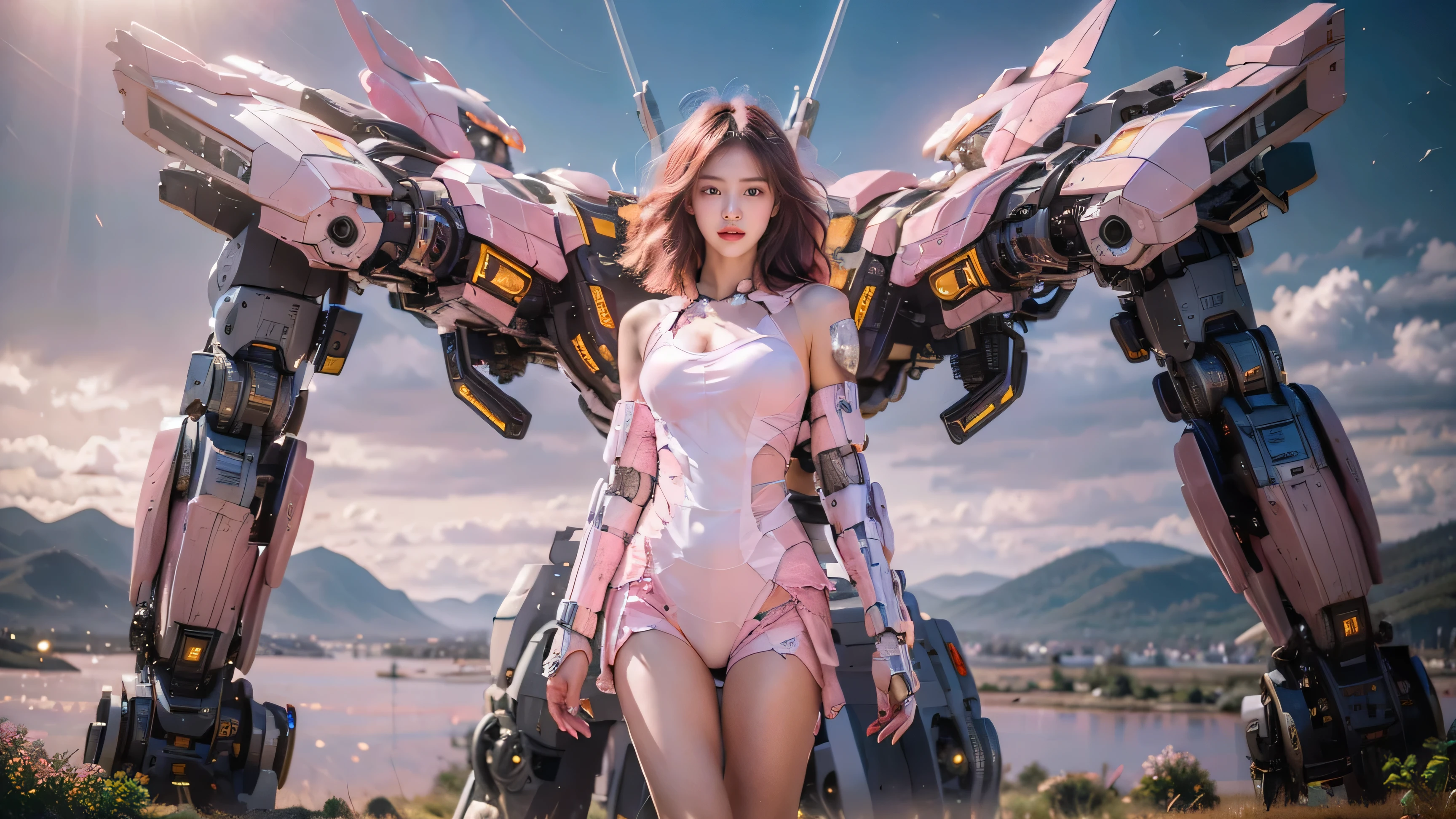 zhongfenghua, (RAW photo, best quality), (realistic, photo-realistic:1.3), extremely delicate and beautiful, Amazing, finely detail, masterpiece, ultra-detailed, highres,best illustration, best shadow,intricate,depth of field,(dramatic lighting:1.4),(from above:1.2),sharp focus, volumetric fog, 8k UHD, DSLR, high quality,(film grain:1.4), Fujifilm XT3,full body,A beautiful young woman wearing white suit, half human half robot face, ((1 robot,1 robot,Mechanical costalis,Mechanical spine))|Monotonous metallic color,Metal has no color, robot no color,robot girl,metallic mixture,cyborg girl)),looking at viewer, facing front, fighting stance (Cable:1.2),(Transmission tube:1.2),(Machine eye:1.3),((Mechanical part connection)),((both arms)|(complex mechanical component:1.2~1.6)),((costalis)|(robot joints:1.2~1.6)), ,streamlinerai mecha,(lightsaber),earth,milky_way,starry,water,((armor)),water,wave, ((pink color:1.5))