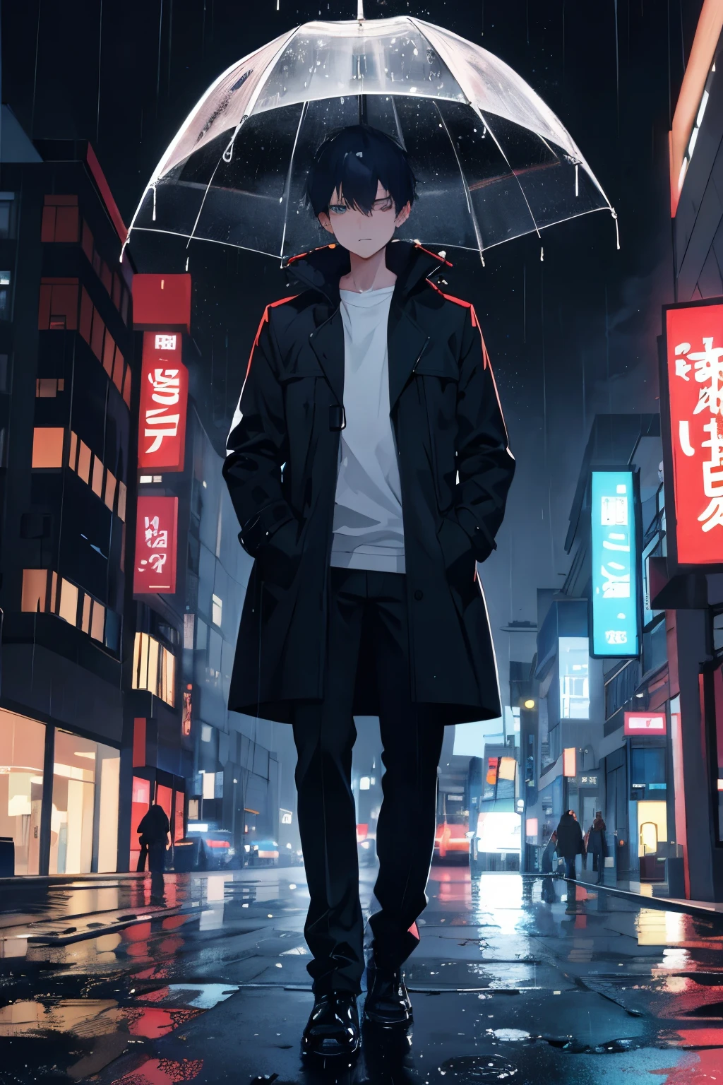 1biy,night city,rain,coat,hands in pockets
