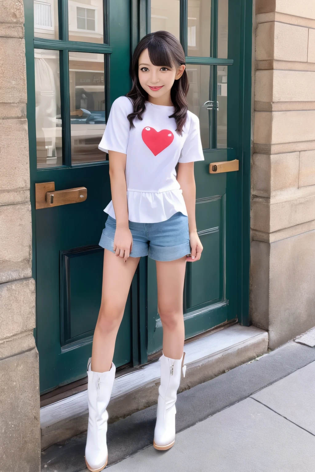 (in 8K、RAW Photos、top-quality、​masterpiece:1.2), (realisitic、Photorealsitic:1.37), ultra-detailliert, high resolution, 1girl in, a closeup, Raw feet, A dark-haired, black eyes, japanese, color contact lens, (beautiful legs:1.3), (slender girl:1.4), a beauty girl, (Thin legs:1.3), JK, (short sleeves:1.3),  Full body, (standing:1.2), boots, gal, 109 fassion, japanese gal fashion, short pants, (both arms over the chest:1.3)