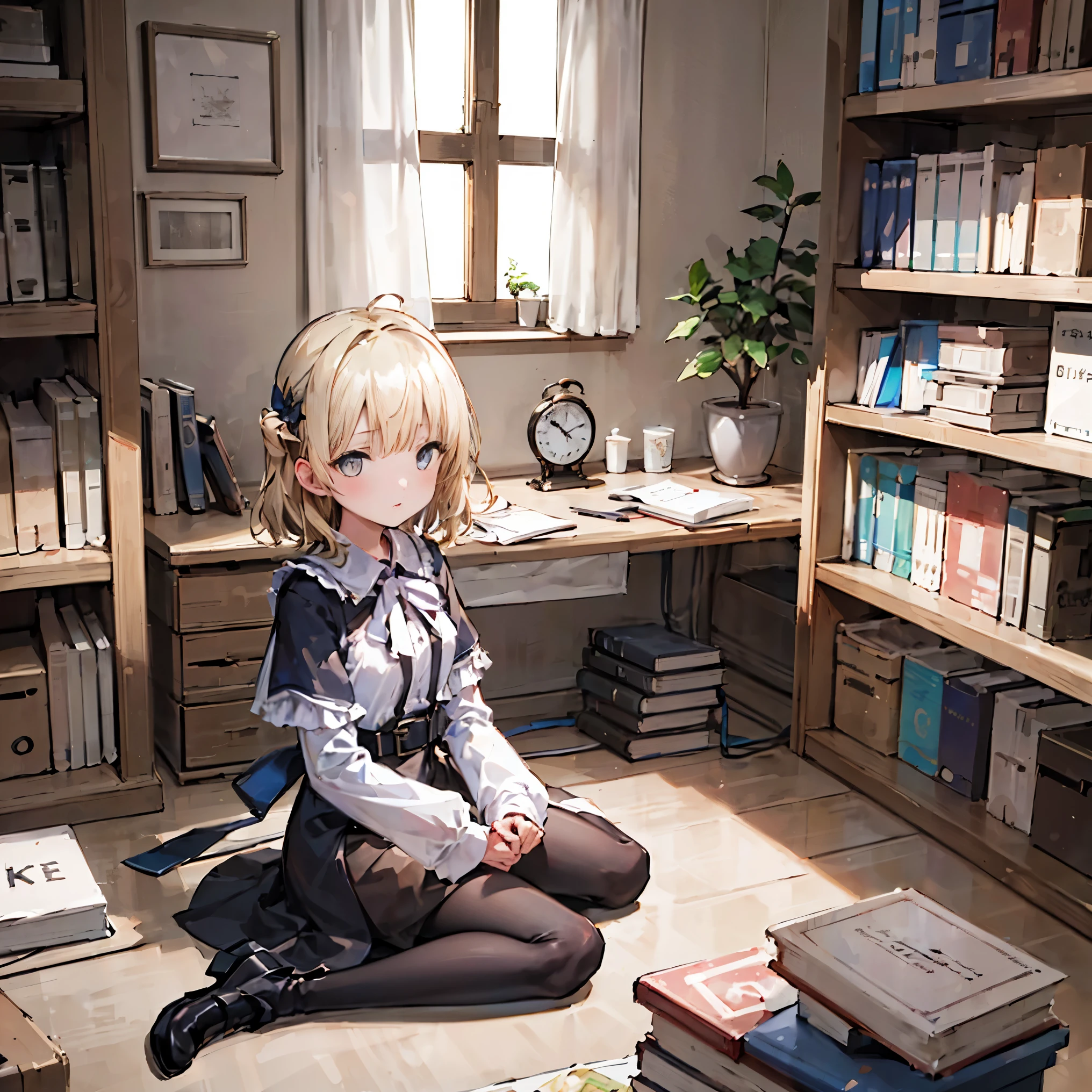 ((masterpiece,highest quality))1 girl, alone, bookshelf, pile of books, Suzuno, indoors, hair ornaments,