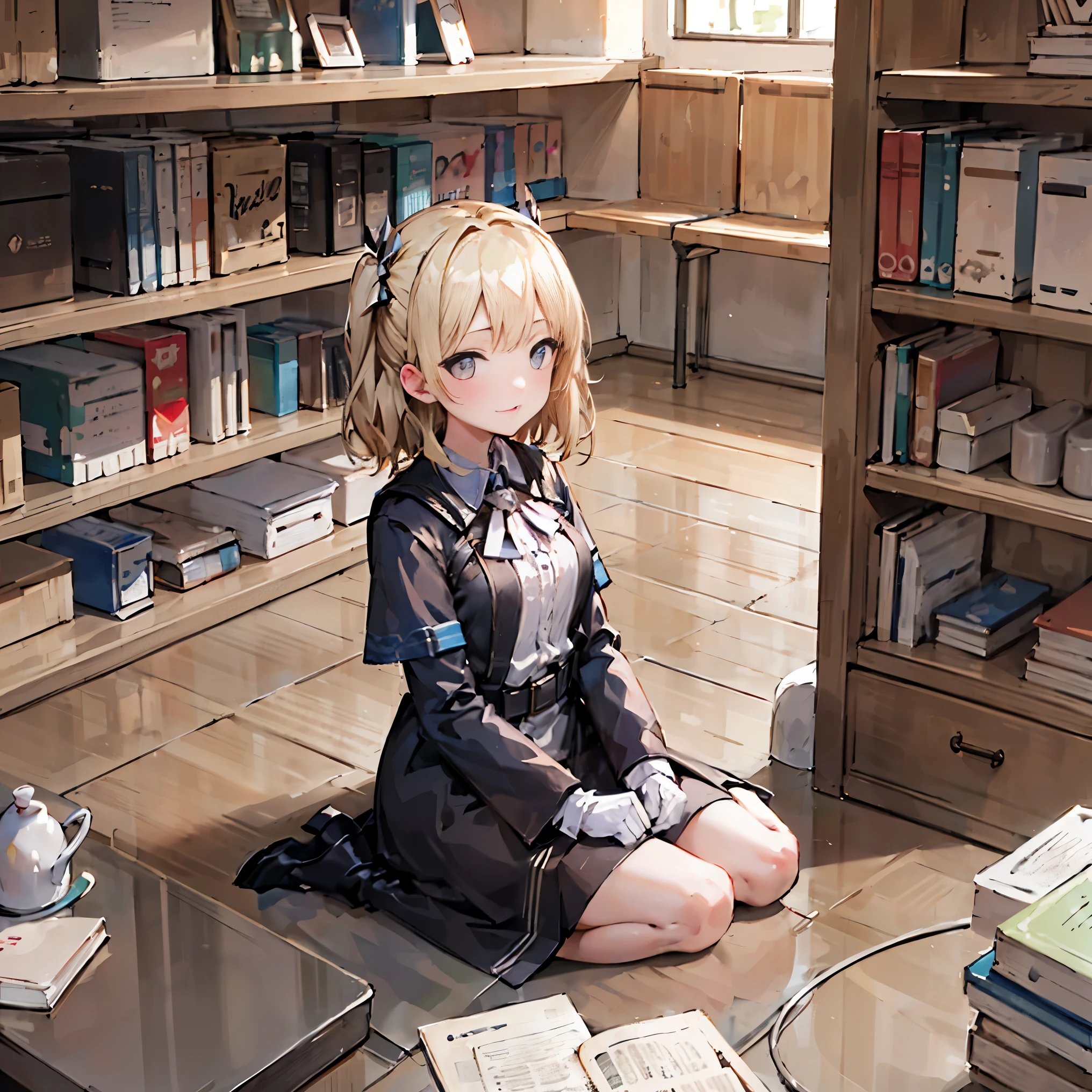 ((masterpiece,highest quality))1 girl, alone, bookshelf, pile of books, Suzuno, indoors, hair ornaments, 