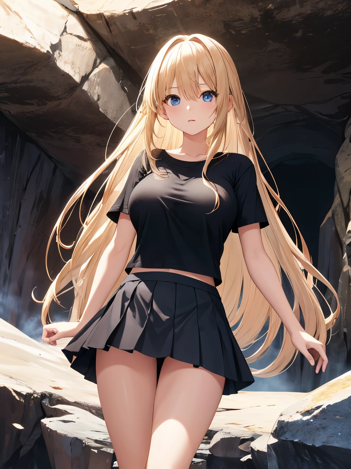 1woman,Standing in the cave, expression shocked,very big breast,black t-shirts,black skirt, mini skirt,ruffle skirt,bangs,blue eyes,blonde hair,long hair,straight hair,ultra detail,ultra Hd, masterpiece,4k