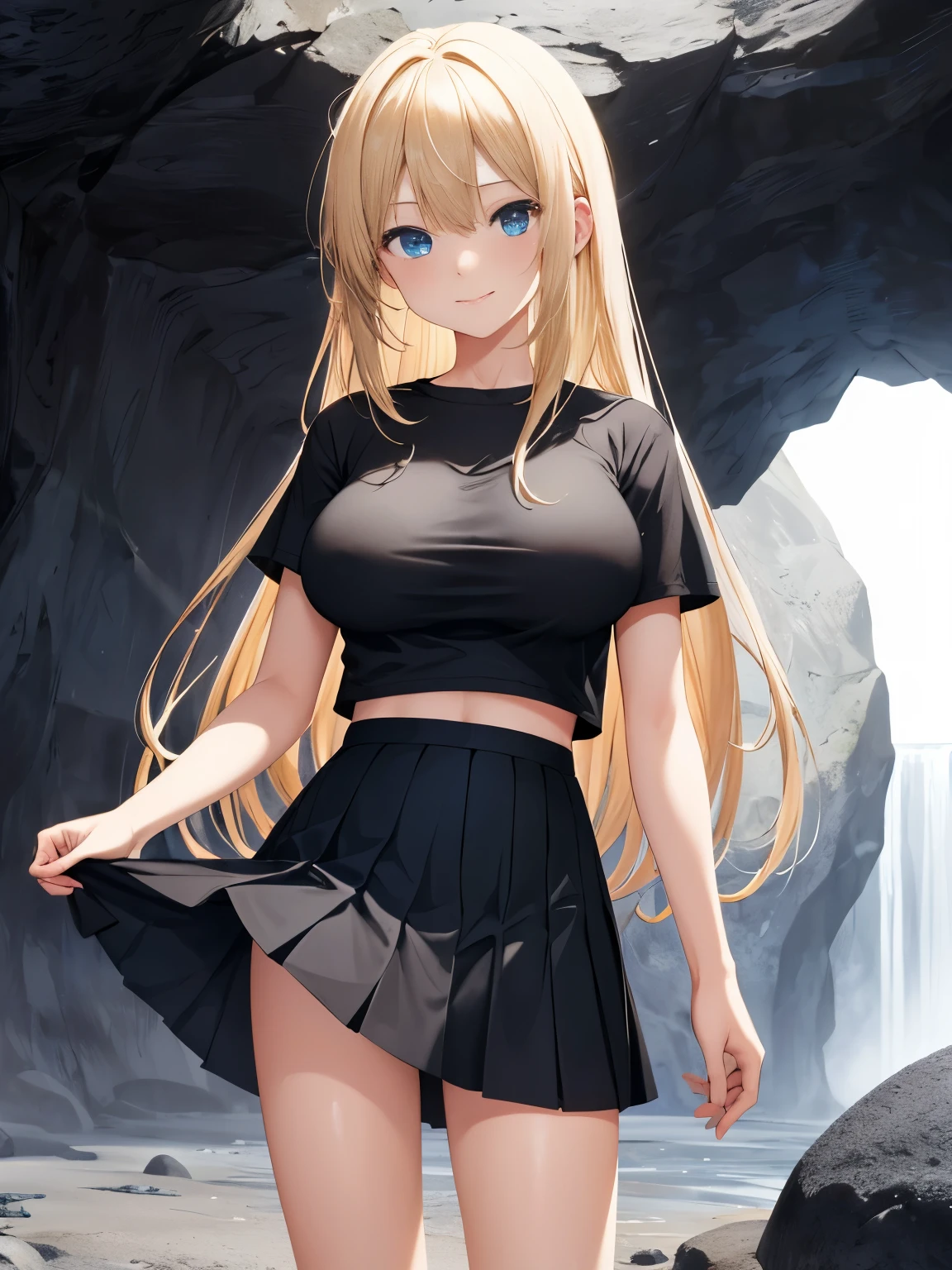 1woman,Standing in the cave,Slight smile,very big breast,black t-shirts,short sleeve t-shirt,Plain t-shirt,black skirt, mini skirt,ruffle skirt,bangs,blue eyes,blonde hair,long hair,straight hair,ultra detail,ultra Hd, masterpiece,4k