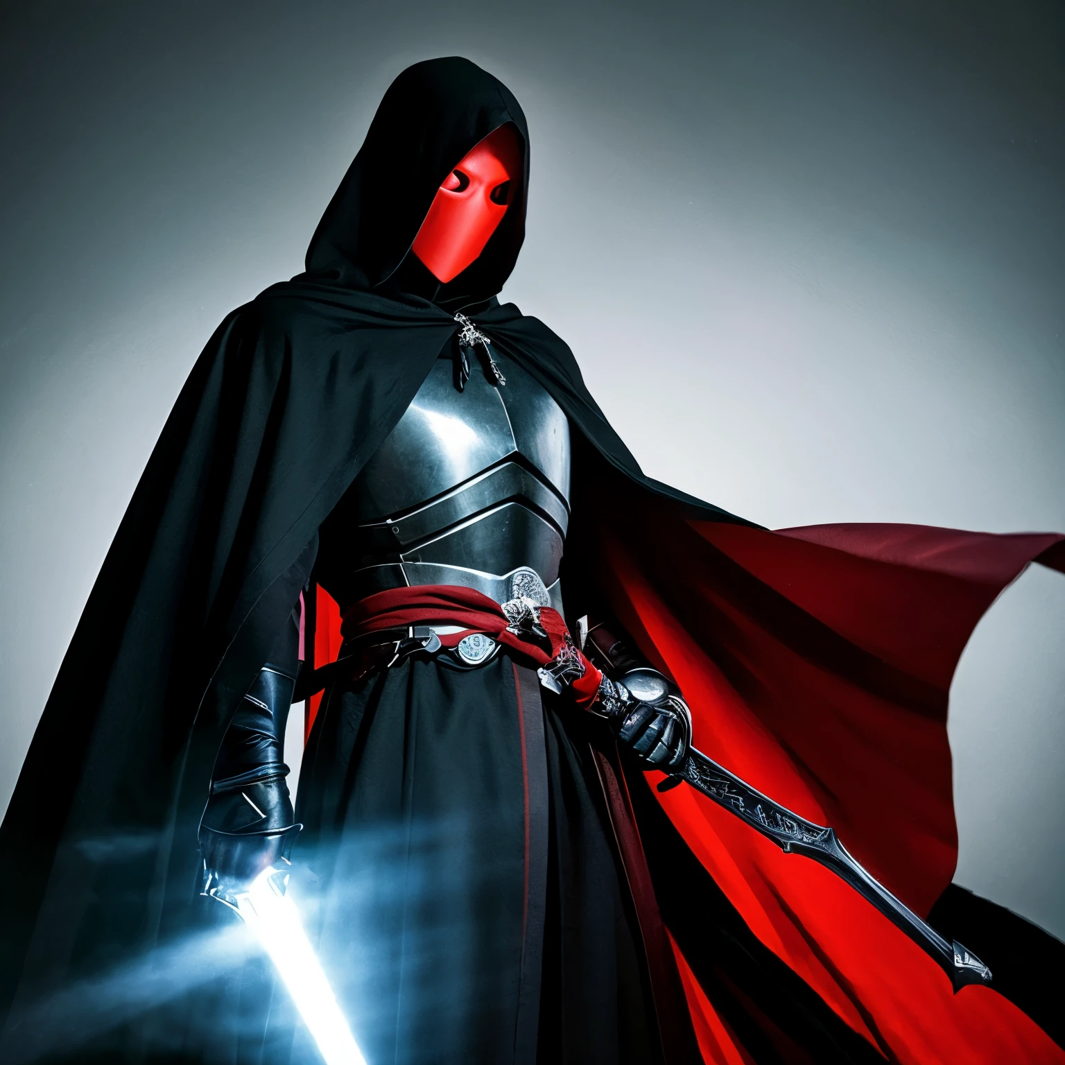 Brave、male、knight、black robe、hood、Invisible Face、red sword、cool、Upper body、white background