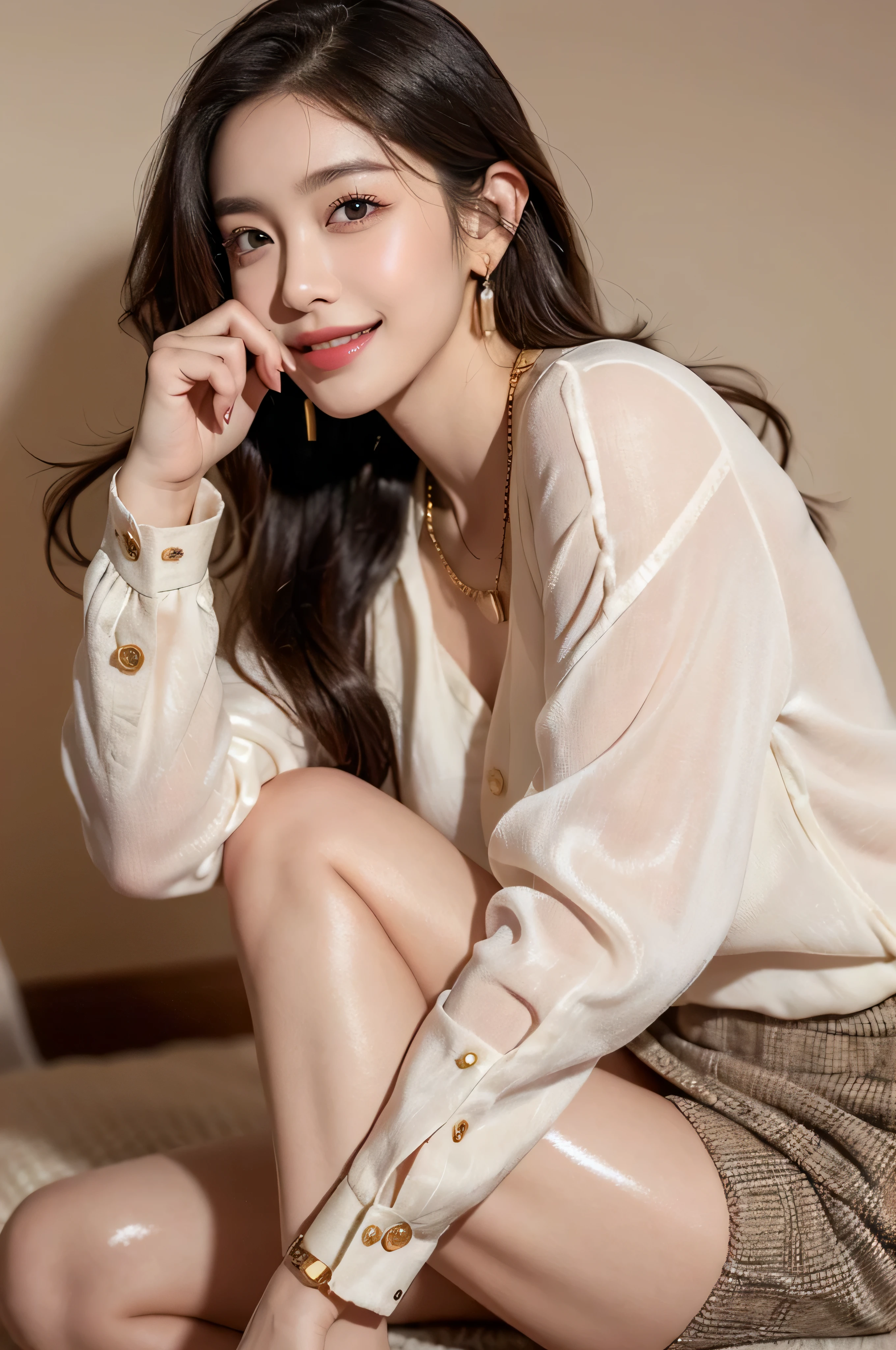 (Representative works:1.3)、High resolution、Super detailed、Highly detailed CG Unity 8K wallpaper、real、photorealistic、RAW photo、 beautiful detailed face、pale skin、realな輝く肌、detailed cloth texture、detailed hair texture、perfect body、beautiful face、correct、anatomically correct、 Highly detailed face and skin texture、natural neck length、(beautiful hands)、(Fair skin:1.2)、thin legs、thin legs、 BREAK、detailed eyes、symmetrical eyes、Light brown eyes、double eyelid、thin eyebrows、(glossy lips:1.4)、((gentle smile:1.2))、(blush:1.1)、 BREAK、(classy and cute girl:1.3)、((Super long brown hair:1.2))、((Hair with loose waves inside:1.2)),((gold necklace_Large earrings:1.2)),((shy smile:1.3)), ((Lie gracefully with your feet together_biting one's thumb_looking sideways:1.3))、((silk long sleeve button blouse_brown tweed miniskirt:1.3)),