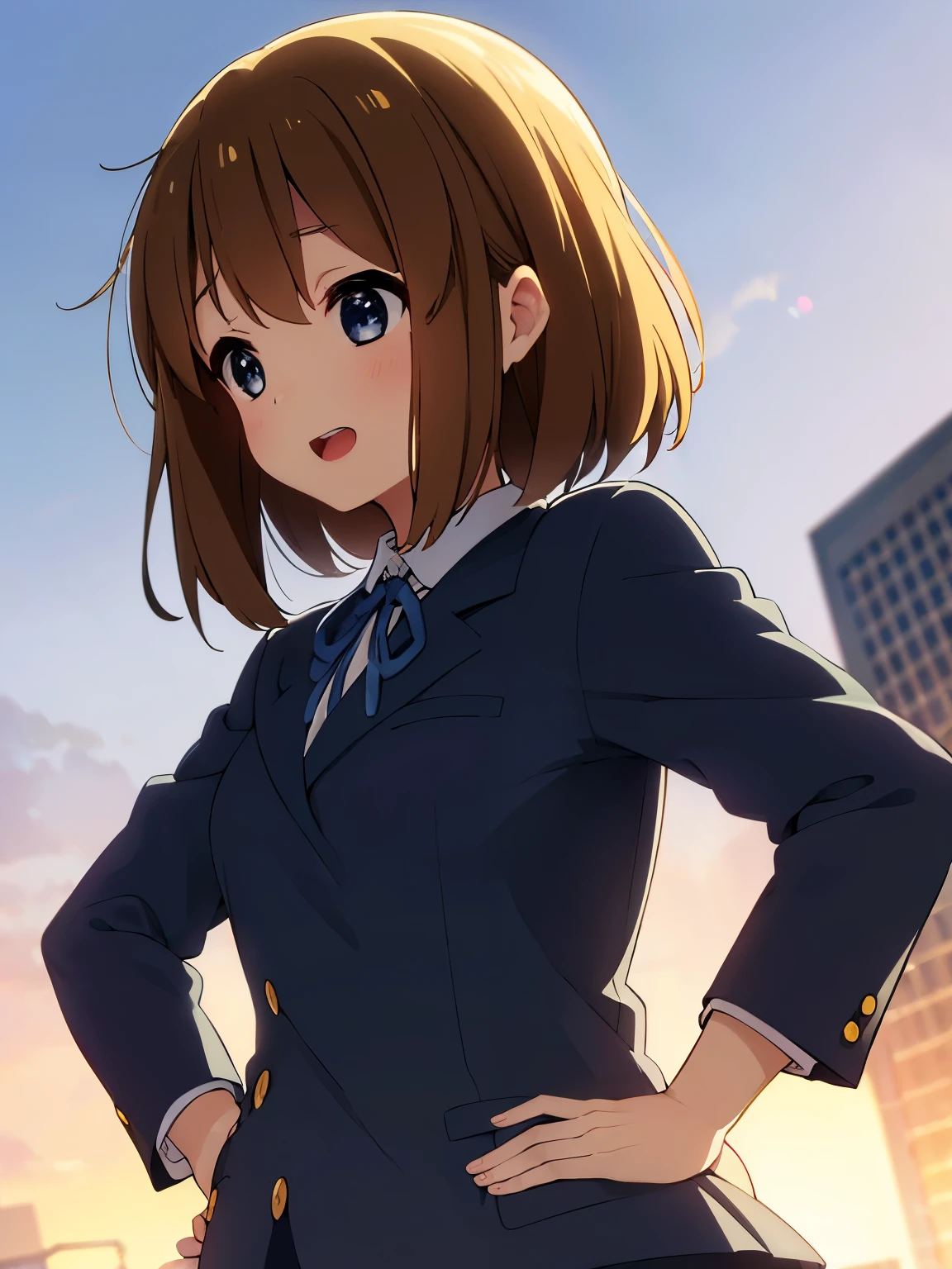 1girl, (((​masterpiece))), top-quality, top-quality, High Details, Hirasawa Yui, 1girl, Sakuragaoka High School Uniform, student clothes, two yellow hairpin, short hair, A brown-haired, brown-eyed, 独奏, reddish, Dark blue blazer with thin blue ribbon, Solid white buttoned shirt under blazer, illustratio, comic strip, soothing tones, Subdued Color, Soft cinematic light, adobe lightroom, photolab, HDR, intricately and hyper-detailed、(((depth of fields))))。(((​masterpiece)))。(((top-quality))).)((ultra-detailliert)))。(((illustratio)))。(((takeout))).dynamic focus.big breasts.(((Skyscrapers))).(((A city scape))).(((Face of happiness))). open mouth.(((put hands on the hip))).(((up chest))).((afternoon glow)).((the setting sun)).