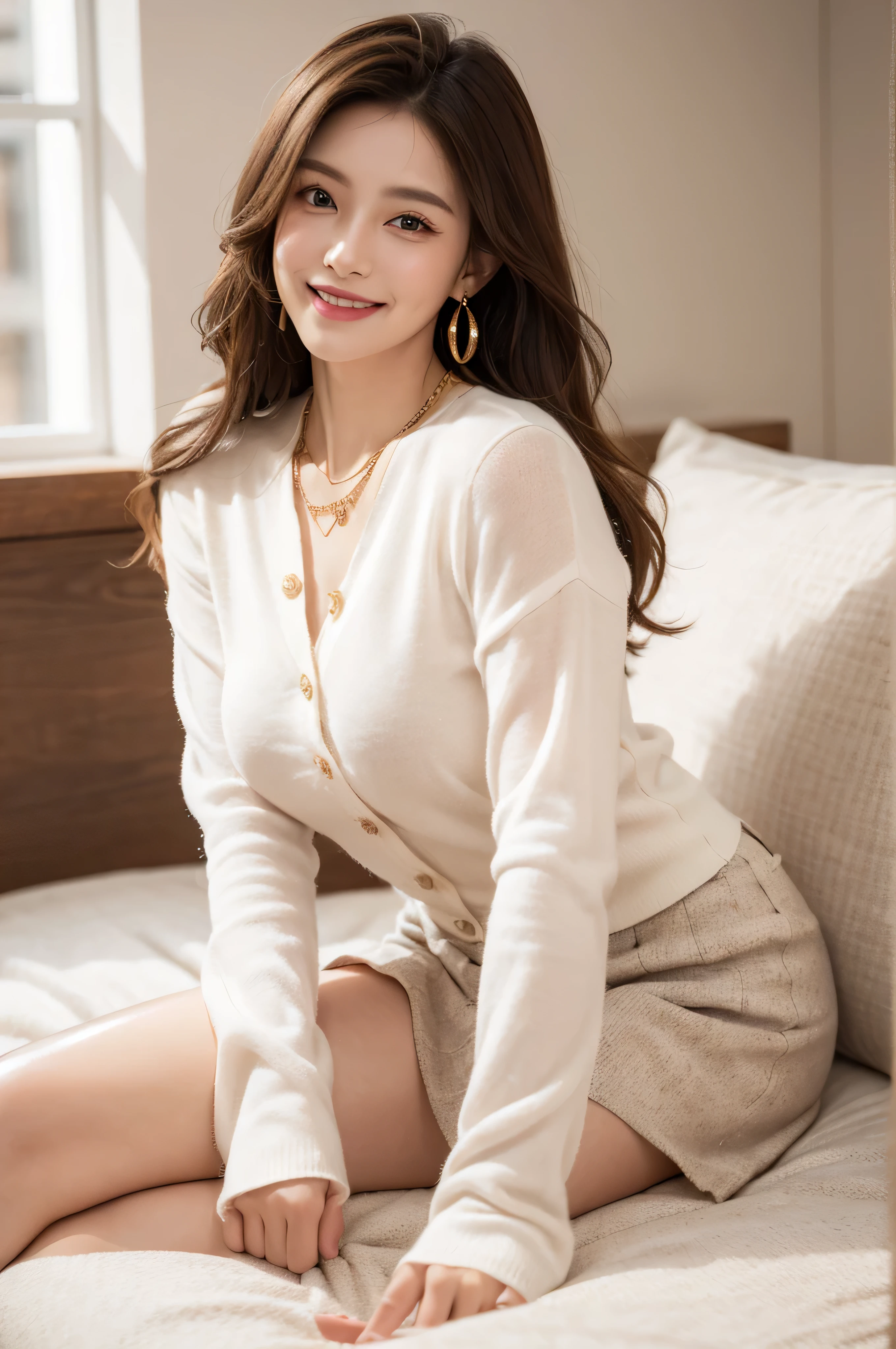 (Representative works:1.3)、High resolution、Super detailed、Highly detailed CG Unity 8K wallpaper、real、photorealistic、RAW photo、 beautiful detailed face、pale skin、realな輝く肌、detailed cloth texture、detailed hair texture、perfect body、beautiful face、correct、anatomically correct、 Highly detailed face and skin texture、natural neck length、(beautiful hands)、(Fair skin:1.2)、thin legs、thin legs、 BREAK、detailed eyes、symmetrical eyes、Light brown eyes、double eyelid、thin eyebrows、(glossy lips:1.4)、((gentle smile:1.2))、(blush:1.1)、 BREAK、(classy and cute girl:1.3)、((Super long brown hair:1.2))、((Hair with loose waves inside:1.2)),((gold necklace_Large earrings:1.2)),((shy smile:1.3)), ((Lie gracefully with your feet together_biting one's thumb_looking sideways:1.3))、((white long sleeve button blouse_brown tweed miniskirt:1.3)),