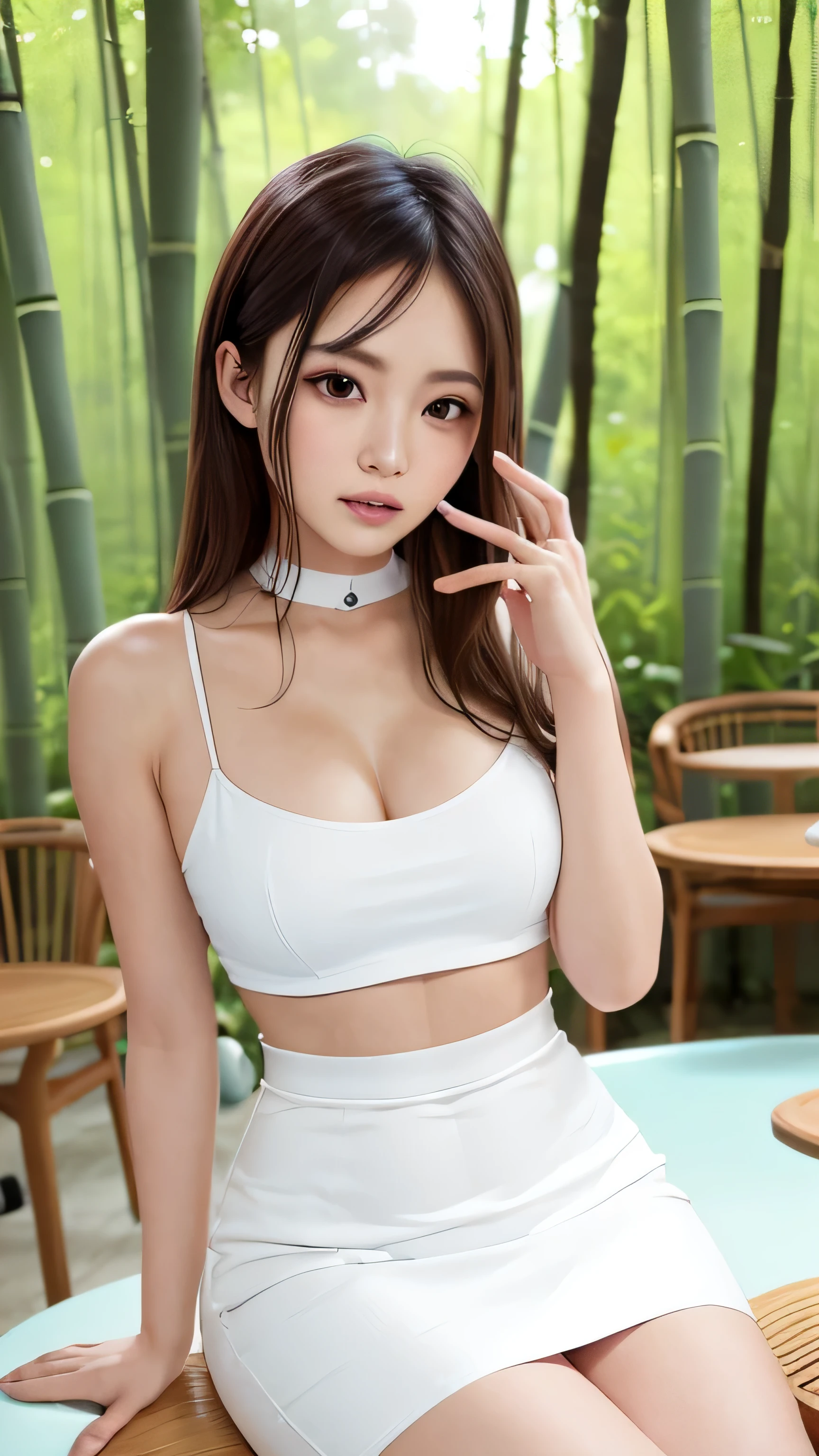 (highest quality, 8K, table top, Ultra HD: 1.3), 1 girl, Dairy products are not used ,light brown hair, dull bangs, hair behind the ear, shoulder hair, long hair,  slender body shape, Extra-fine face, delicate lips, beautiful eyes, double eyelid, lipstick, light blush ,eyes are light brown ,perfect shiny skin,perfect skin　pure white skin ,Shining sweat,embarrassed look, ultra thin hands, super thin fingers,  Optimal ratio of 4 fingers and 1 thumb, (realistic:1.3),finger extension, See-through white shirt, White see-through tight skirt , long and beautiful legs ,a white choker,Low Heels. Sitting on a white carpet,bamboo forest