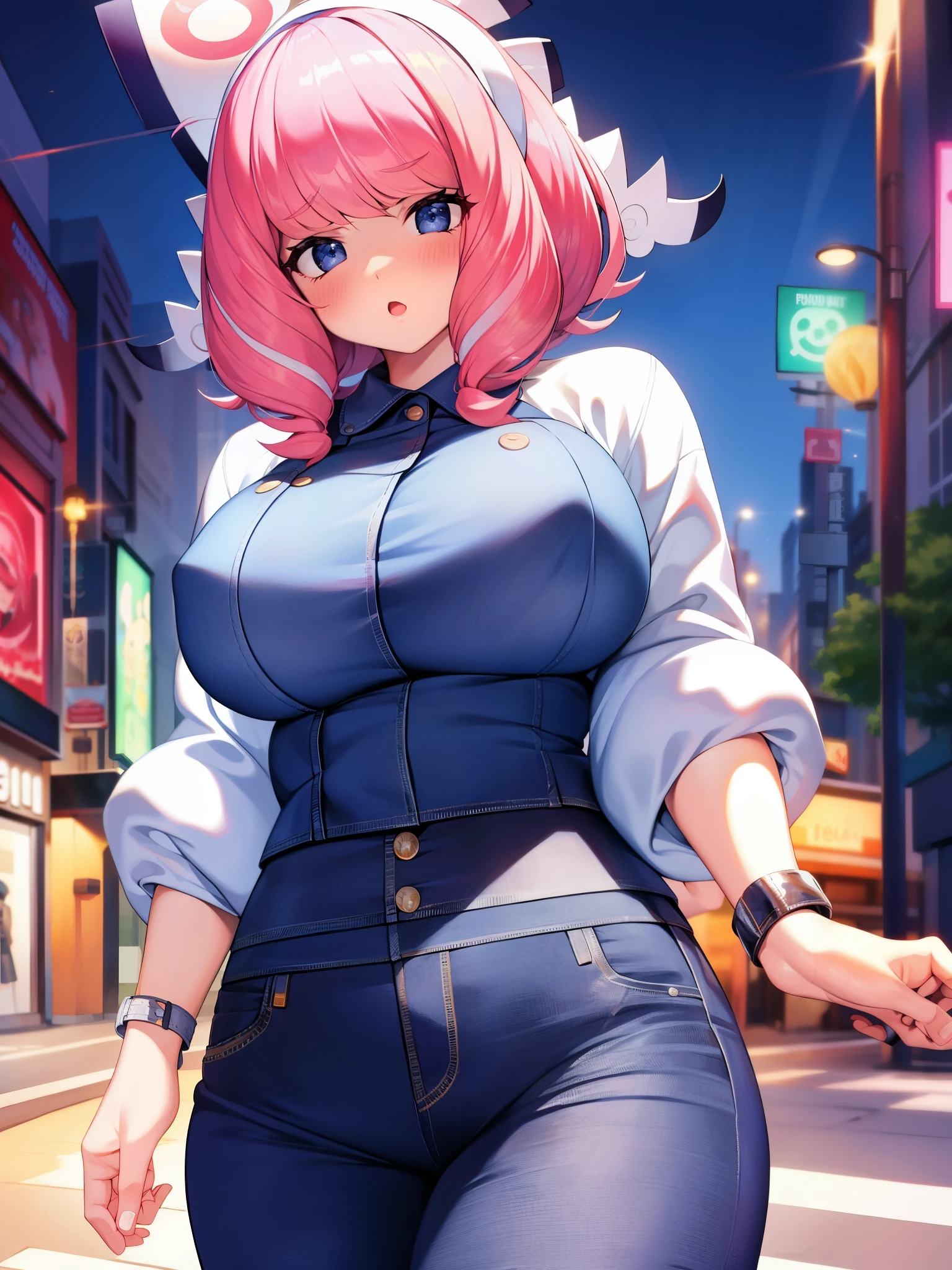(highest quality)、big head、Confused face、(big breasted clara:1.2) On the street wearing blue jeans and shirt、whole body、erect nipples、Ahegao