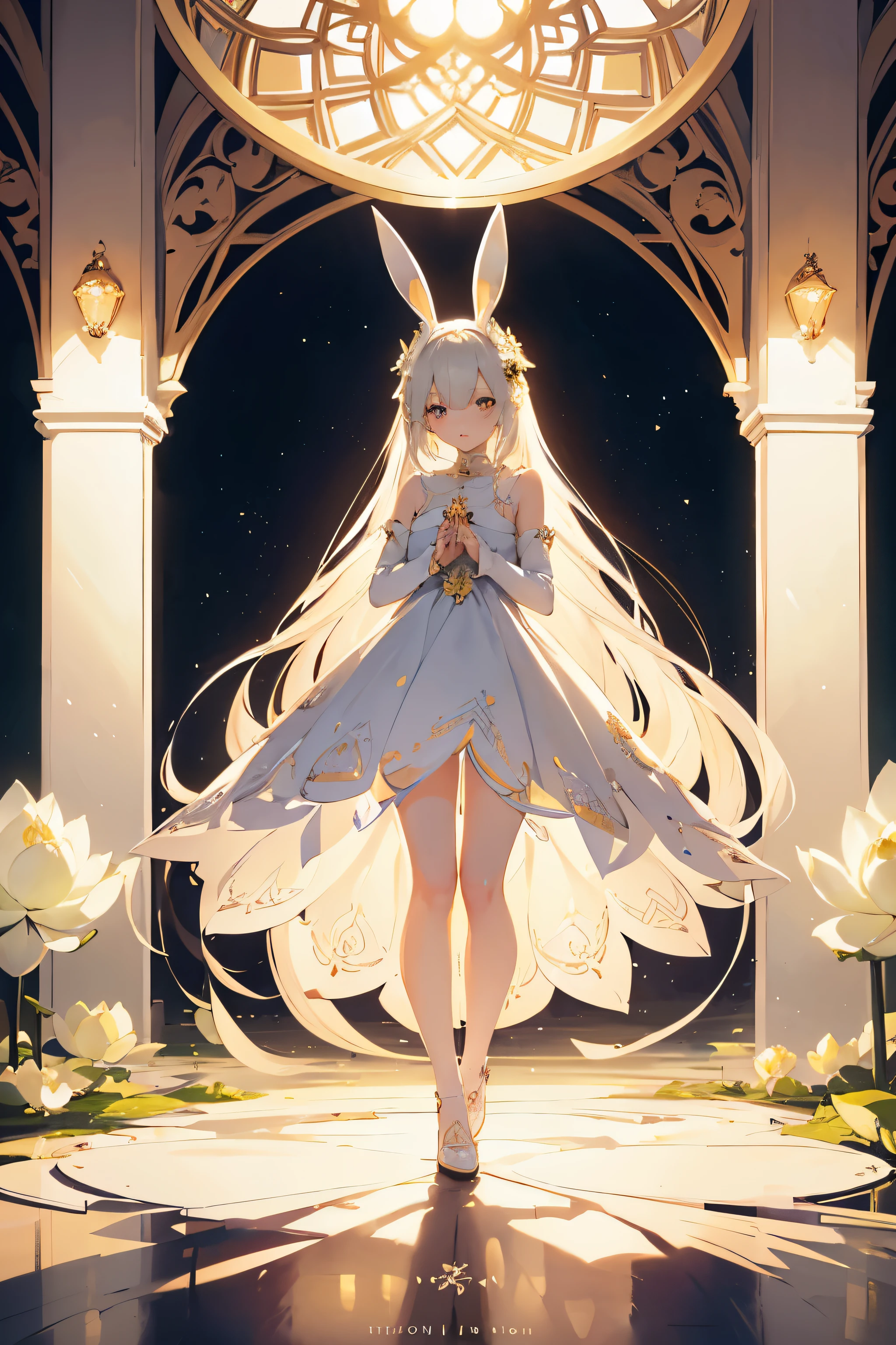 Lovely,Full body white lotus dress,girl with bunny ears,coffee in hand(masterpiece:1.2), best quality, (illustration:1.2), (super detailed), Super details, (Exquisite and meticulous), (intricate details), (Light, best quality Backlights), clear lines,(Shy: 1.2 ), (cosmetic), high contrast, (best lighting, Very creative and beautiful), (Light), colorful,