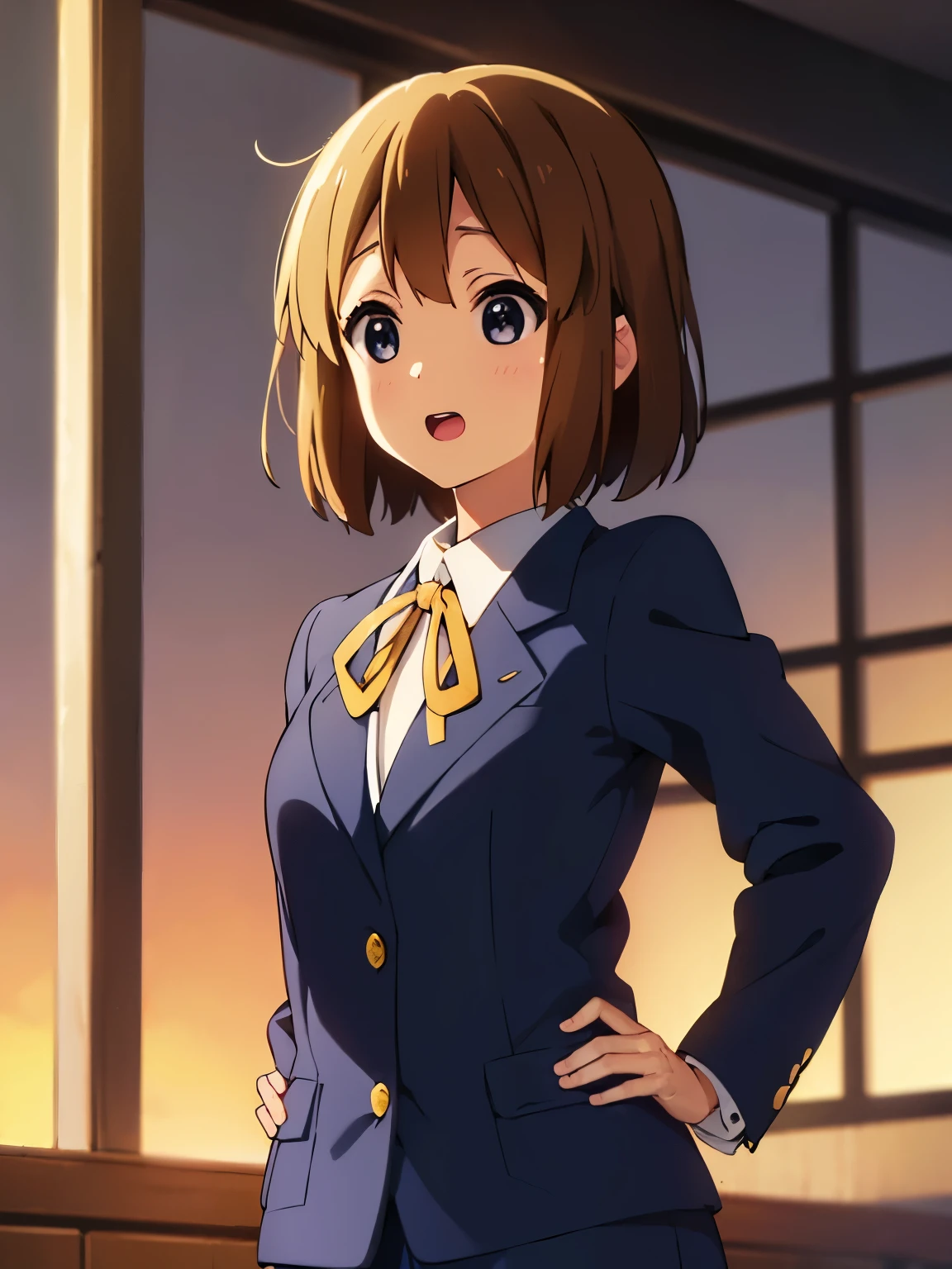1girl, (((masterpiece))), top-quality, top-quality, High Details, Full body, Hirasawa Yui, 1girl, Sakuragaoka High School Uniform, student clothes, two yellow hairpin, short hair, A brown-haired, brown-eyed, 独奏, reddish, Dark blue blazer with thin blue ribbon, Solid white buttoned shirt under blazer, illustratio, comic strip, soothing tones, Subdued Color, Soft cinematic light, adobe lightroom, photolab, HDR, intricately and hyper-detailed、(((depth of fields))))。(((masterpiece)))。(((top-quality))).)((ultra-detailliert)))。(((illustratio)))。(((takeout))).dynamic focus.big breasts.(((Skyscrapers))).(((A city scape))).(((Face of happiness))). open mouth.(((put hands on the hip))).(((up chest))).((afternoon glow)).((the setting sun)).